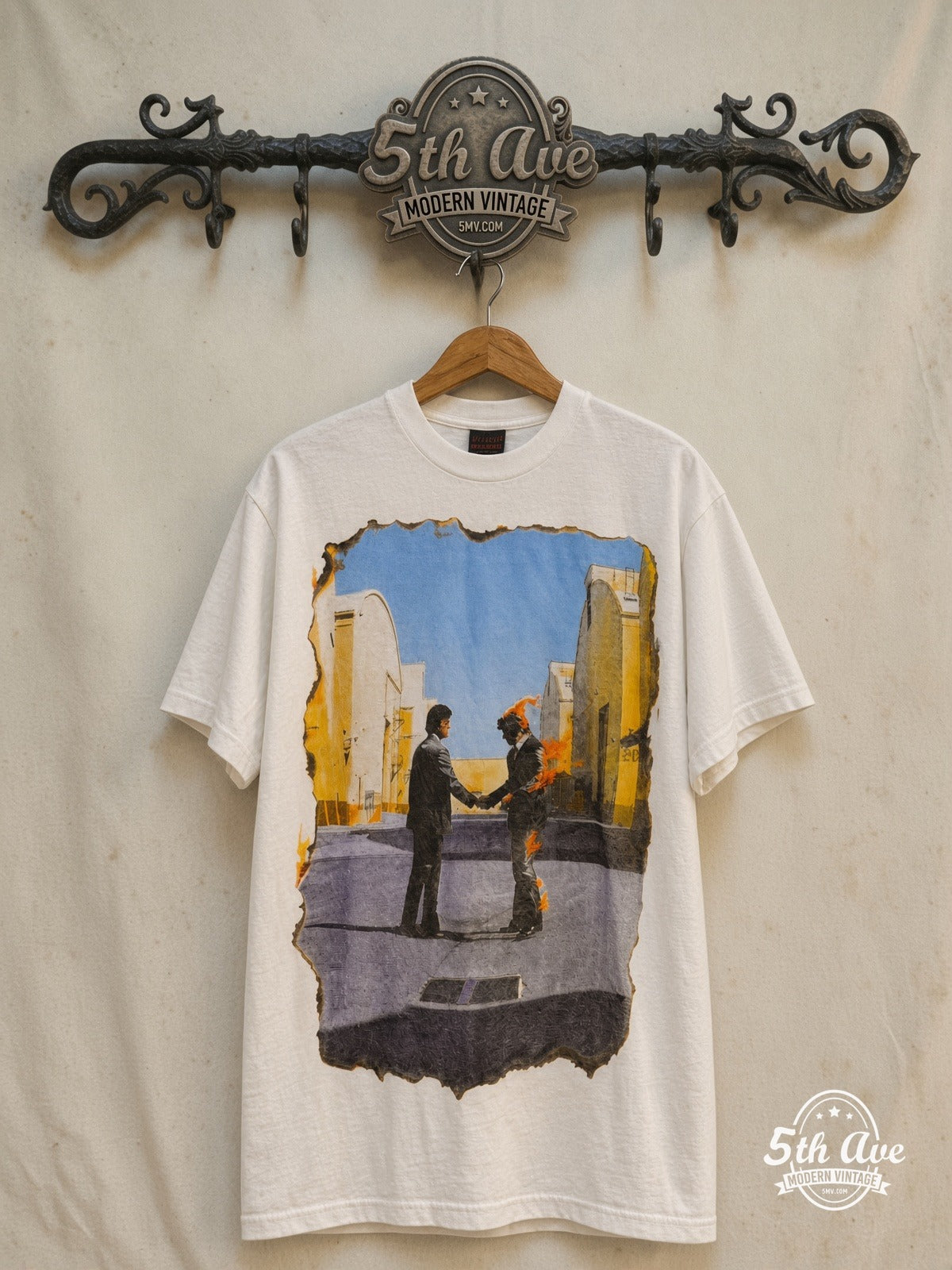 Pink Floyd – Wish You Were Here – Vintage Band T-Shirt — front on locked cream ornate 5th Ave rack