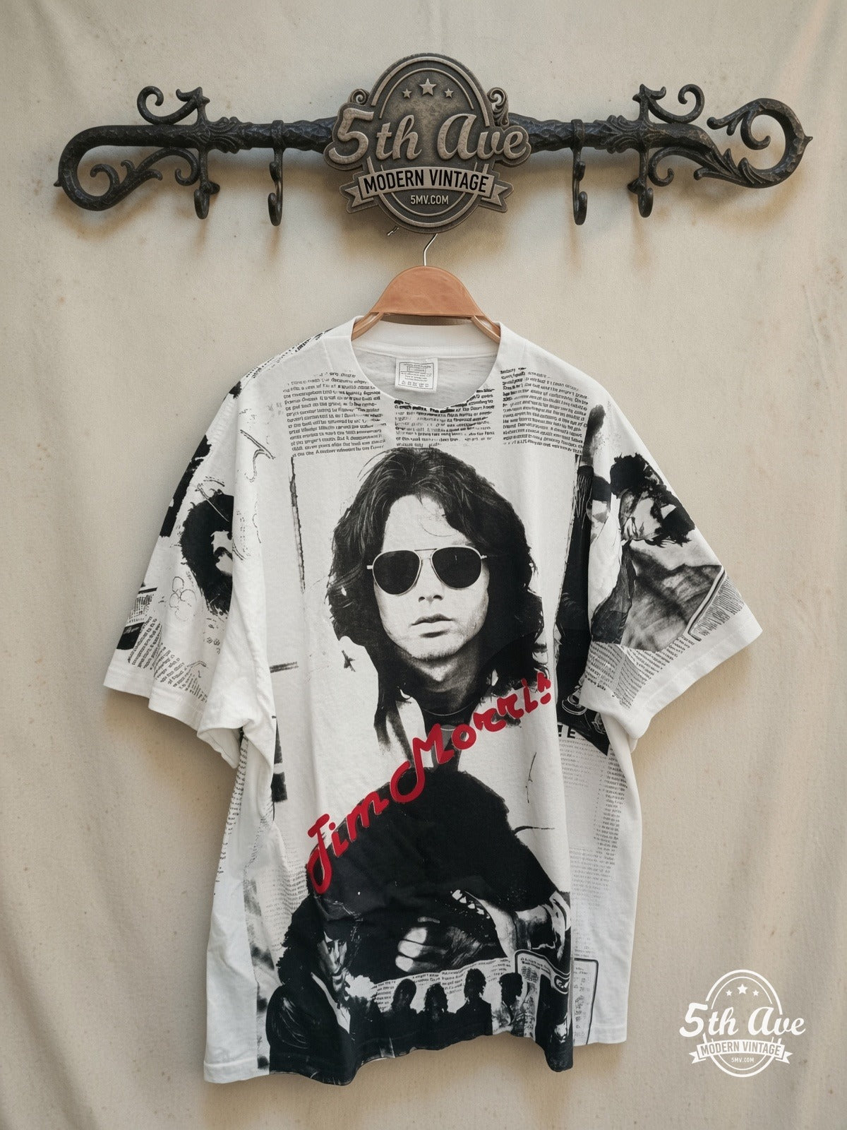 The Doors – Jim Morrison Newspaper AOP – Vintage Band T-Shirt — front on locked cream ornate 5th Ave rack