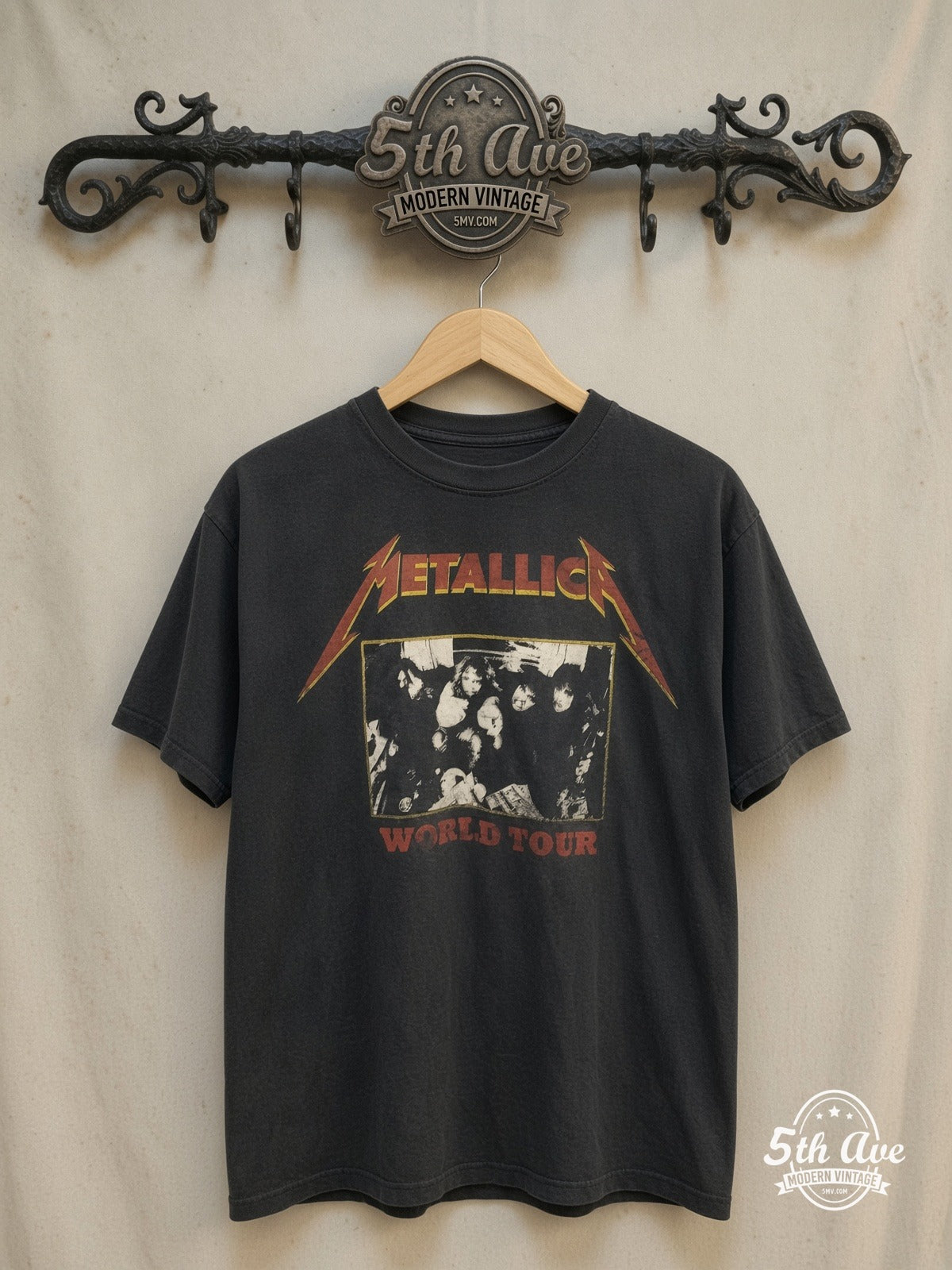 Metallica – World Tour Hand-Screened Cotton – Vintage Band T-Shirt — front on locked cream ornate 5th Ave rack