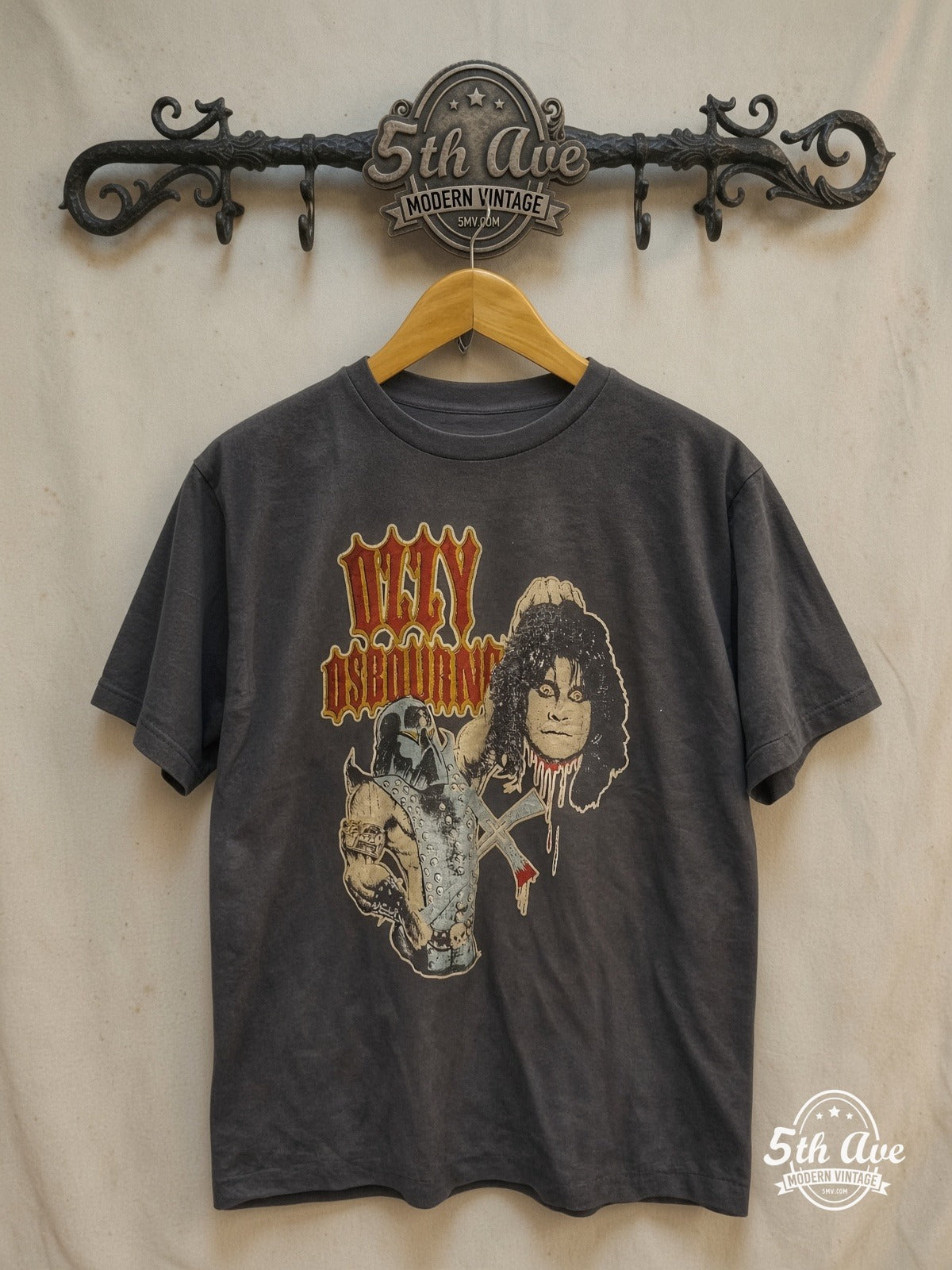 Ozzy Osbourne – Medieval Knight – Vintage Band T-Shirt — front on locked cream ornate 5th Ave rack