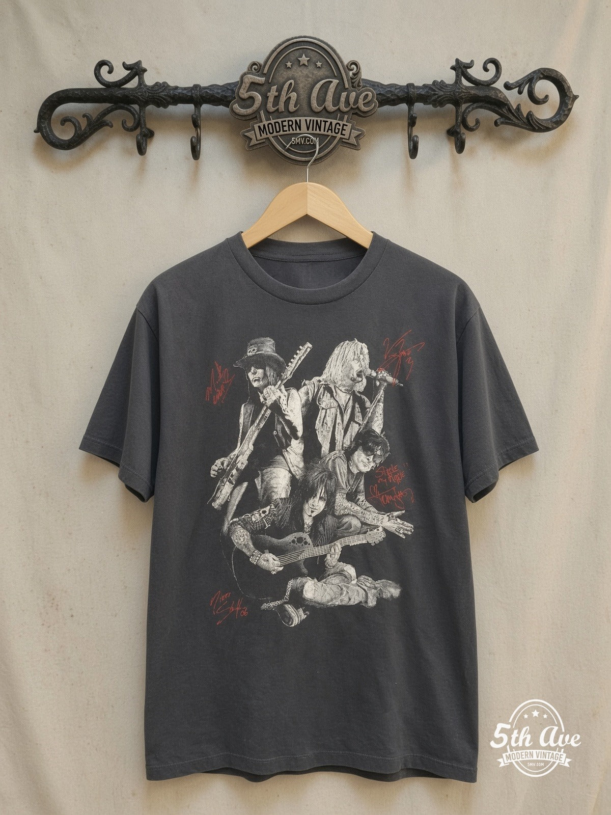 Mötley Crüe – Autographed Members Group Photo – Vintage Band T-Shirt — front on locked cream ornate 5th Ave rack