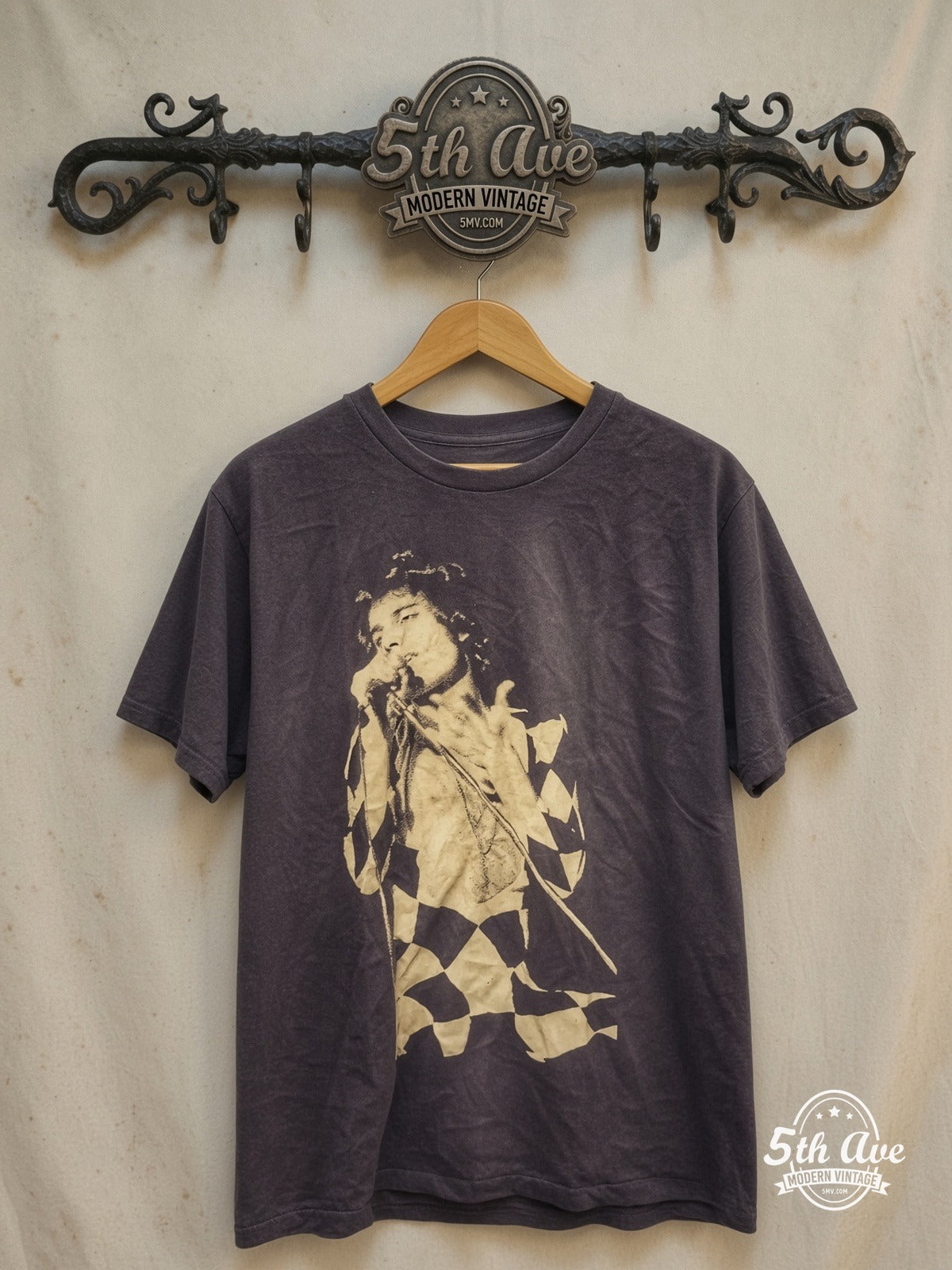 FREDDIE MERCURY 100% Cotton New Vintage Band T-Shirt – Vintage Band T-Shirt — front on locked cream ornate 5th Ave rack