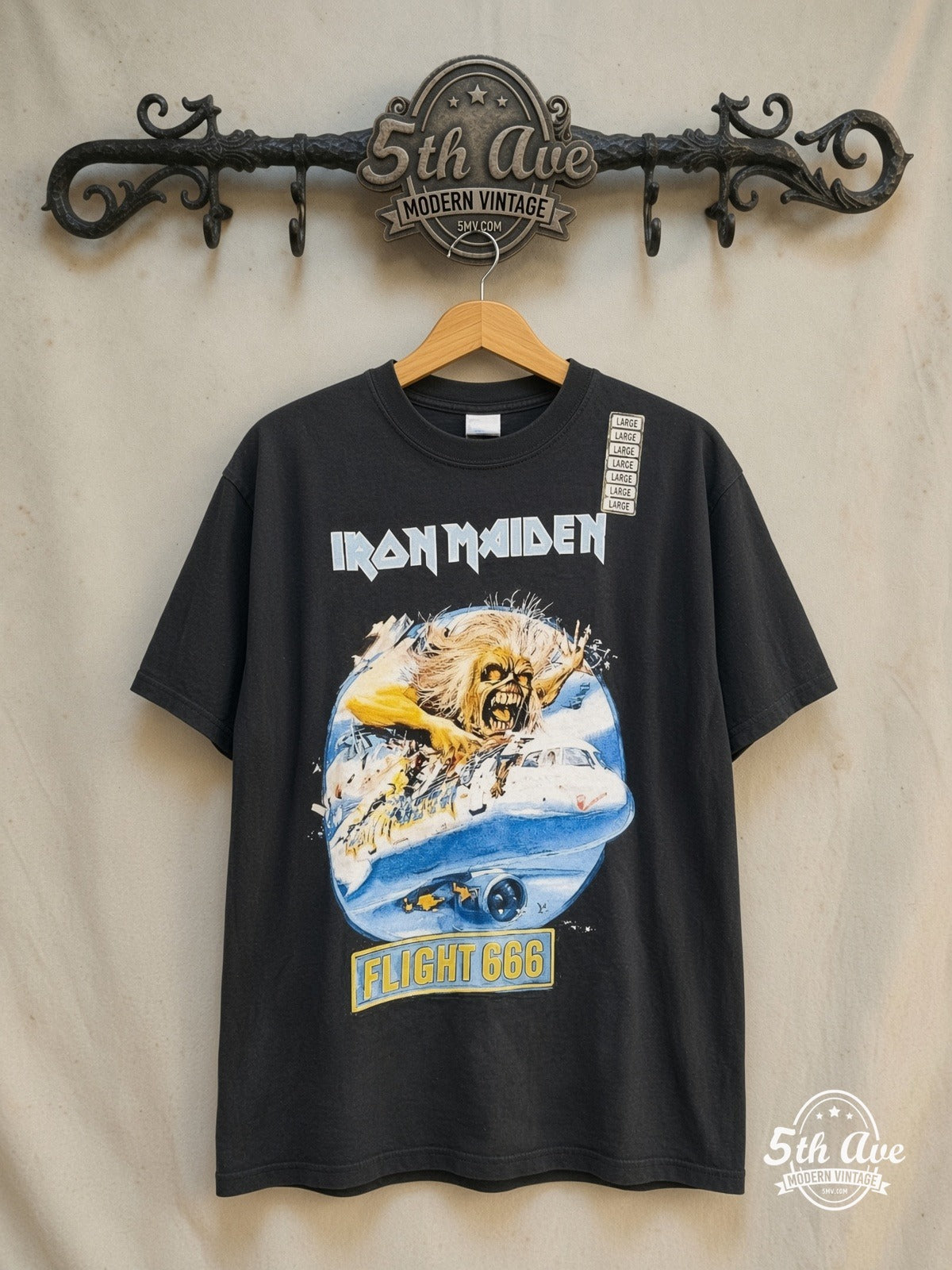 Iron Maiden – Flight 666 – Vintage Band T-Shirt — front on locked cream ornate 5th Ave rack