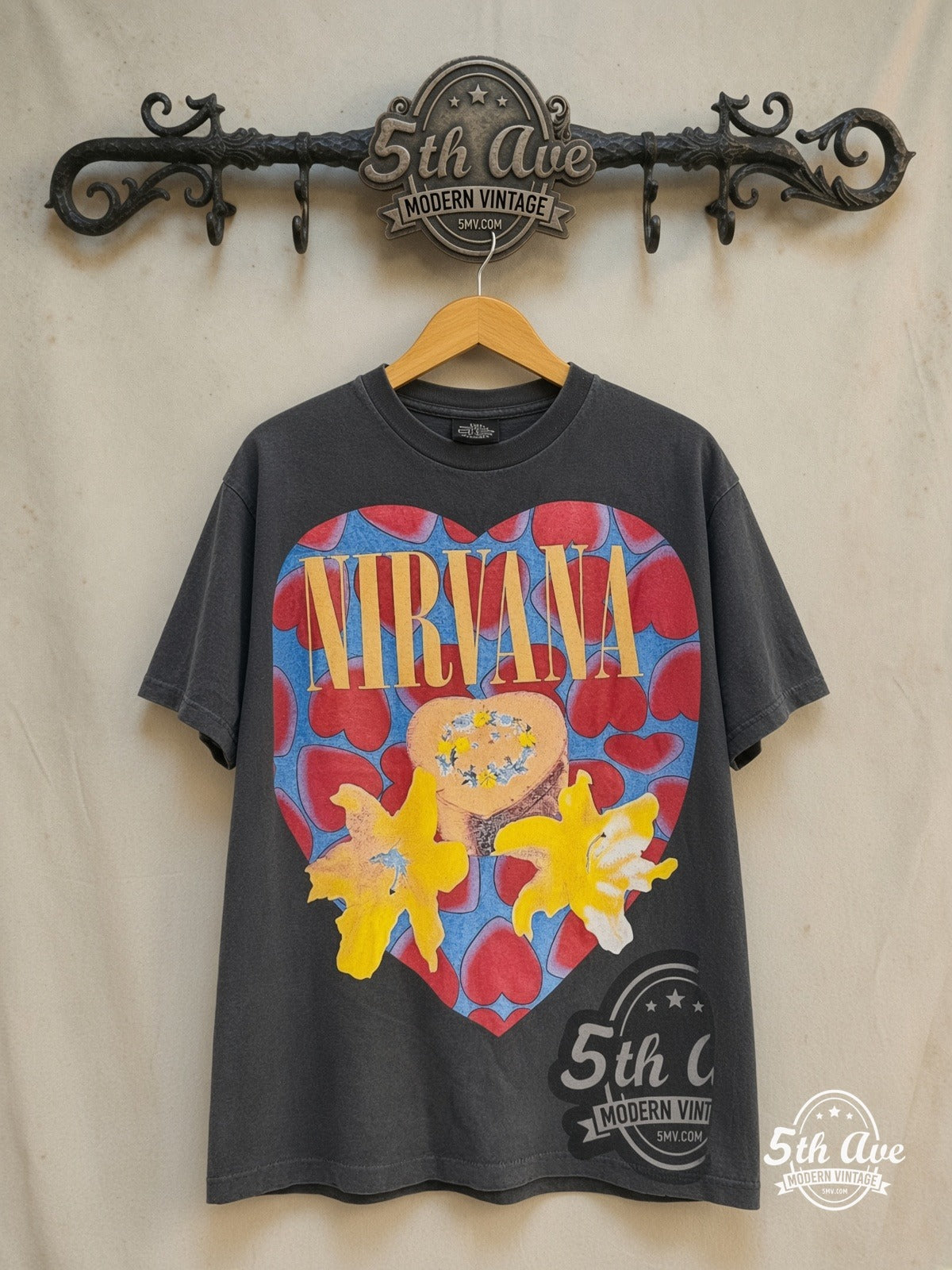 Nirvana 'Heart-Shaped Box' - Vintage Reprint Band T-Shirt – All Over Print — front on locked cream ornate 5th Ave rack