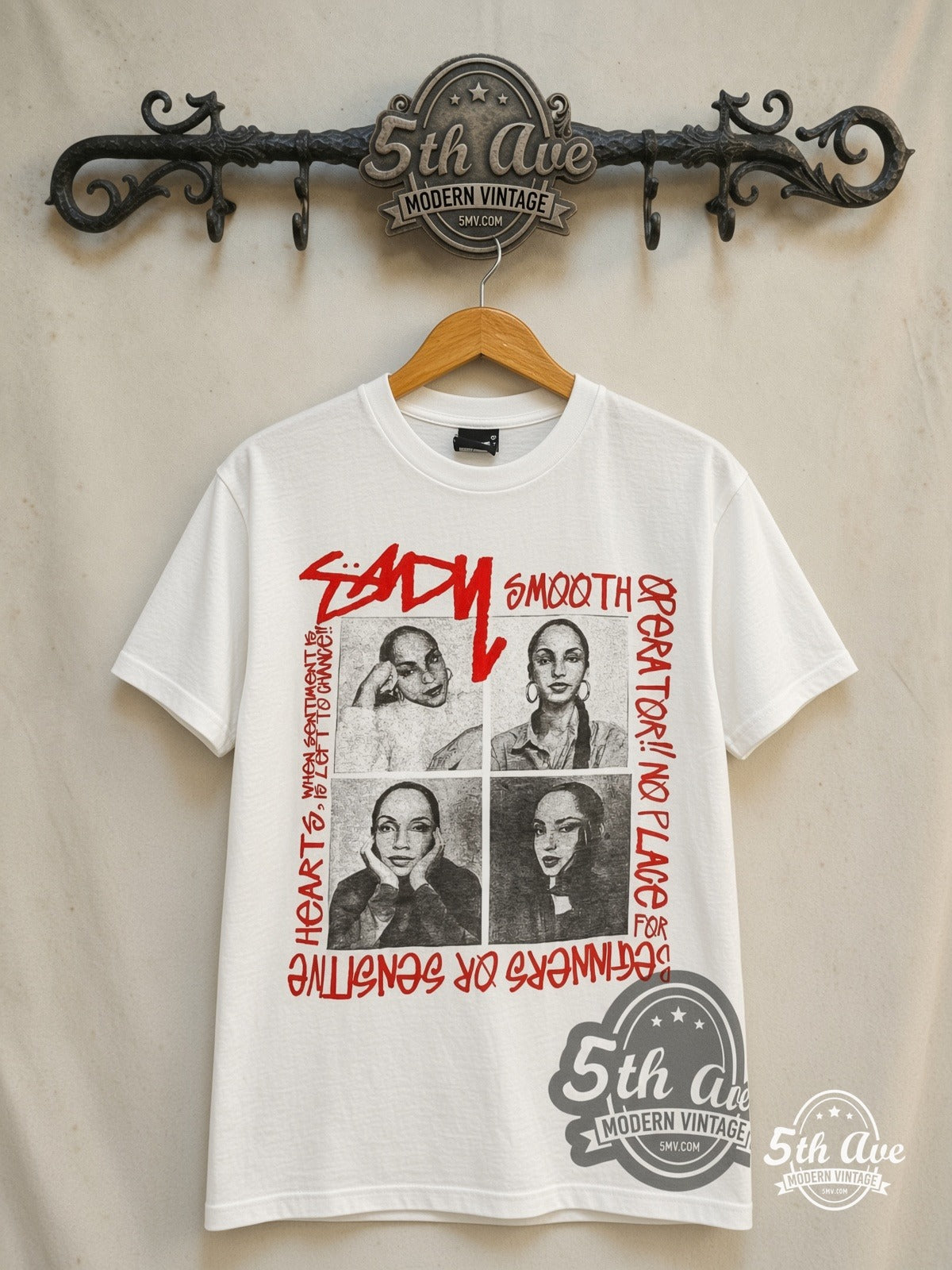 Sade – Smooth Operator Four Portrait Grid White – Vintage Graphic Tee — front on locked cream ornate 5th Ave rack