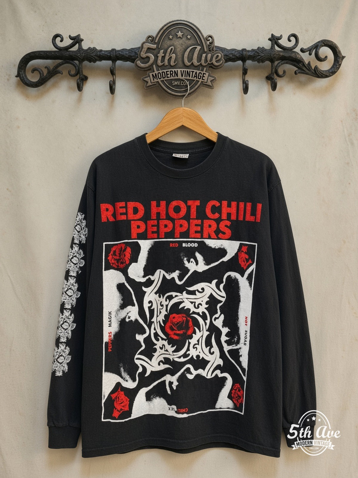 Red Hot Chili Peppers – Blood Sugar Sex Magik Tribal Rose Long Sleeve – Vintage Band T-Shirt — front on locked cream ornate 5th Ave rack