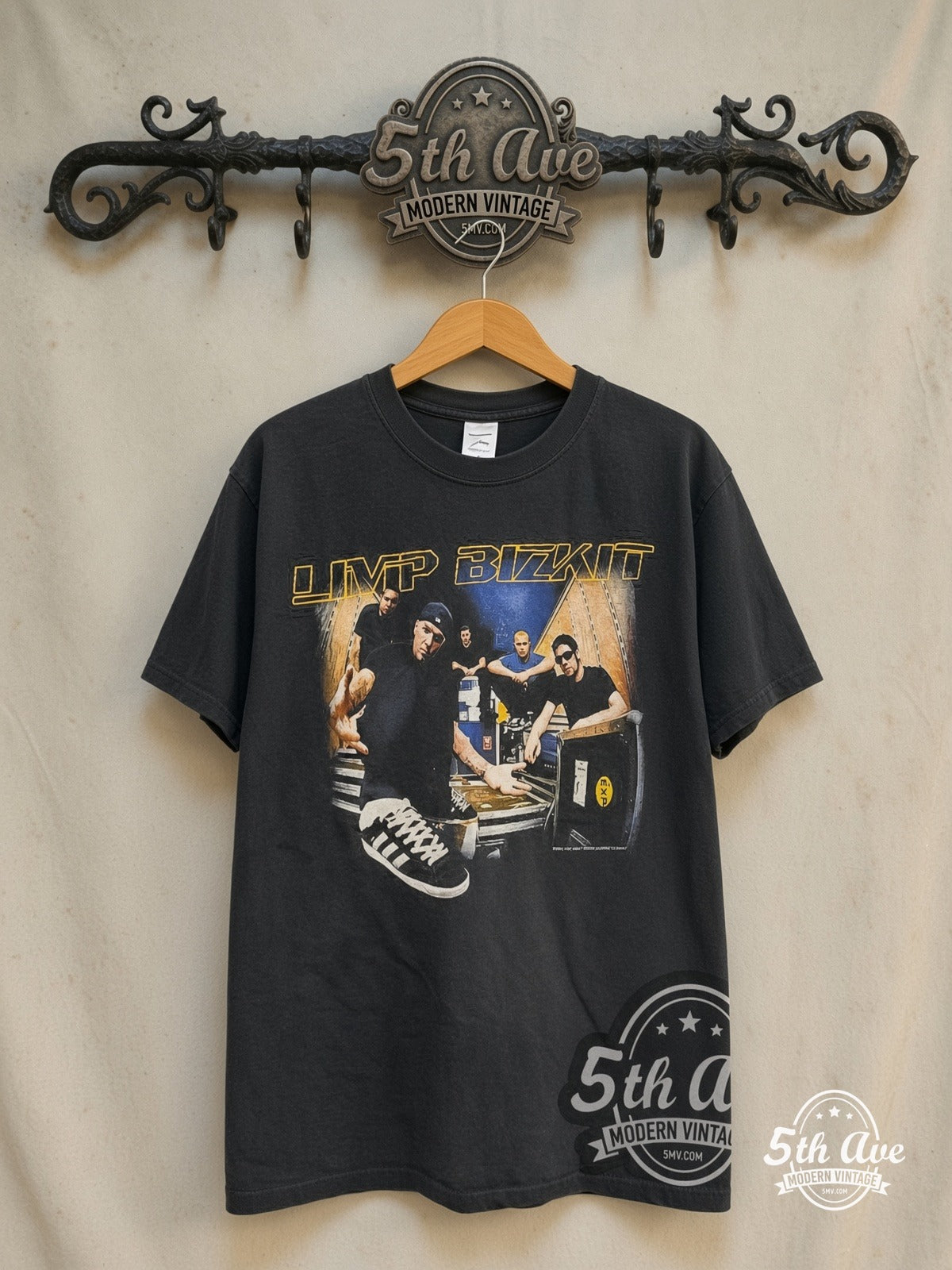 Limp Bizkit – Chocolate Starfish Tour – Vintage Band T-Shirt — front on locked cream ornate 5th Ave rack