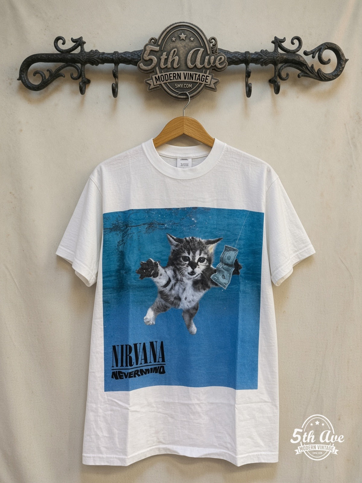 Nirvana – Nevermind Kitten Parody Cat Breeds White – Vintage Band T-Shirt — front on locked cream ornate 5th Ave rack