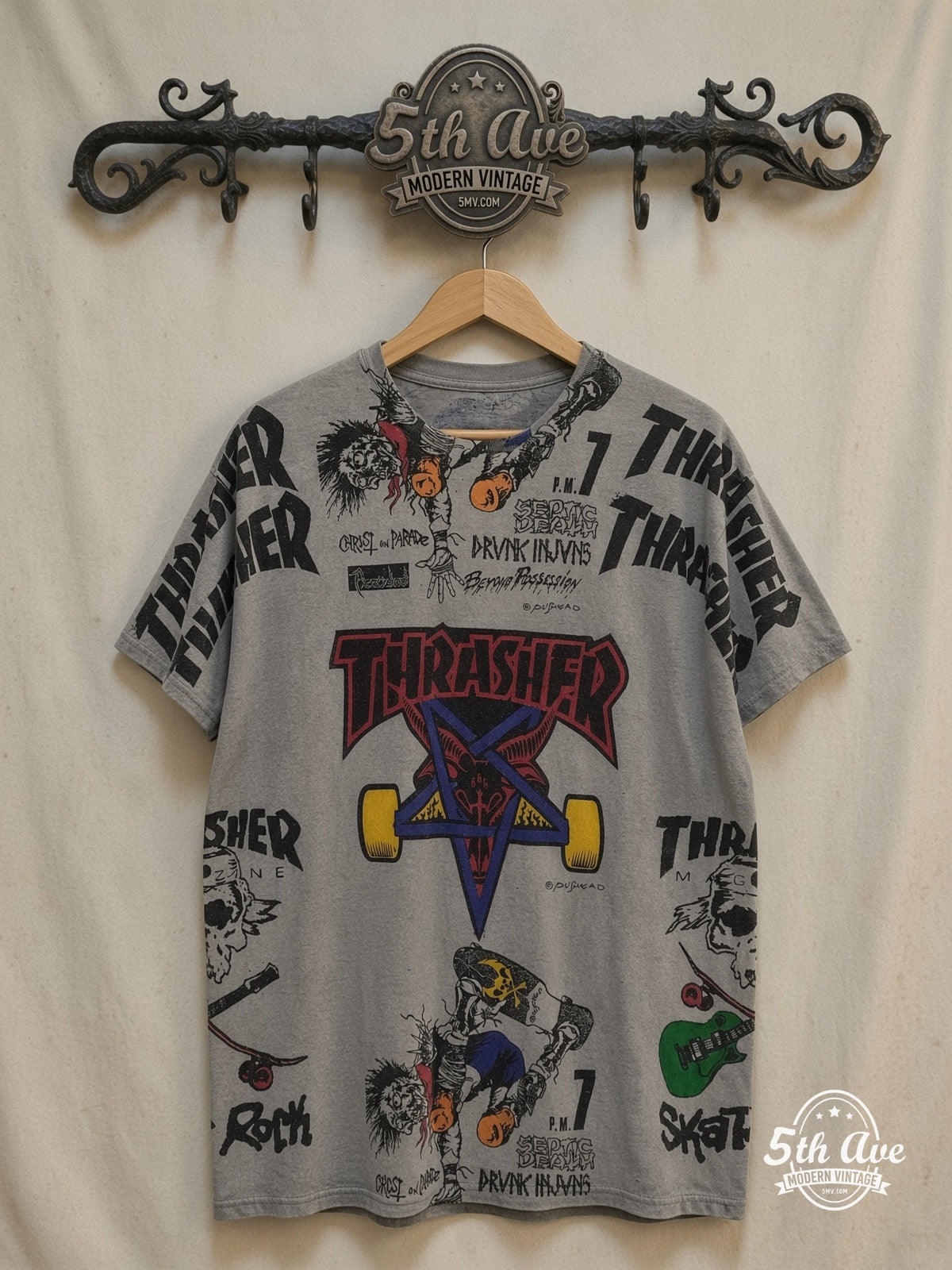 Thrasher Pushead Septic Death - AOP all over print New Vintage T-Shirt – Vintage Band T-Shirt — front on locked cream ornate 5th Ave rack