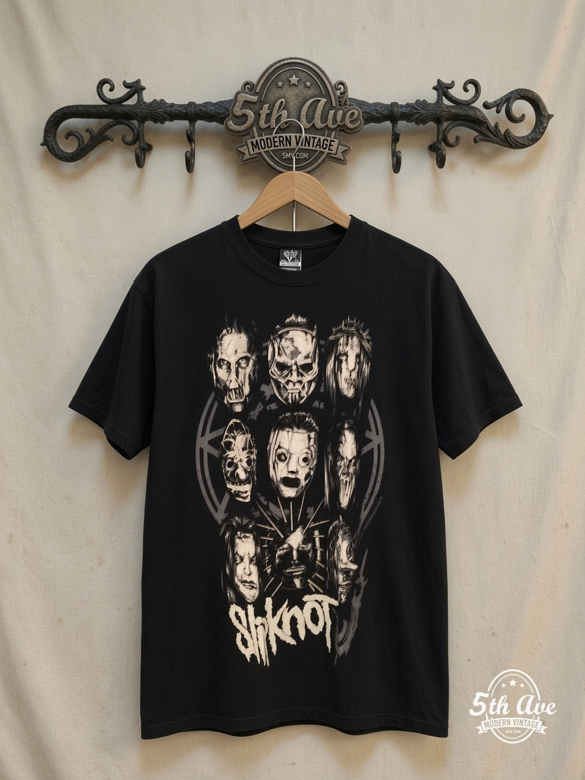 Slipknot – Maggots Unite – Vintage Band T-Shirt — front on locked cream ornate 5th Ave rack