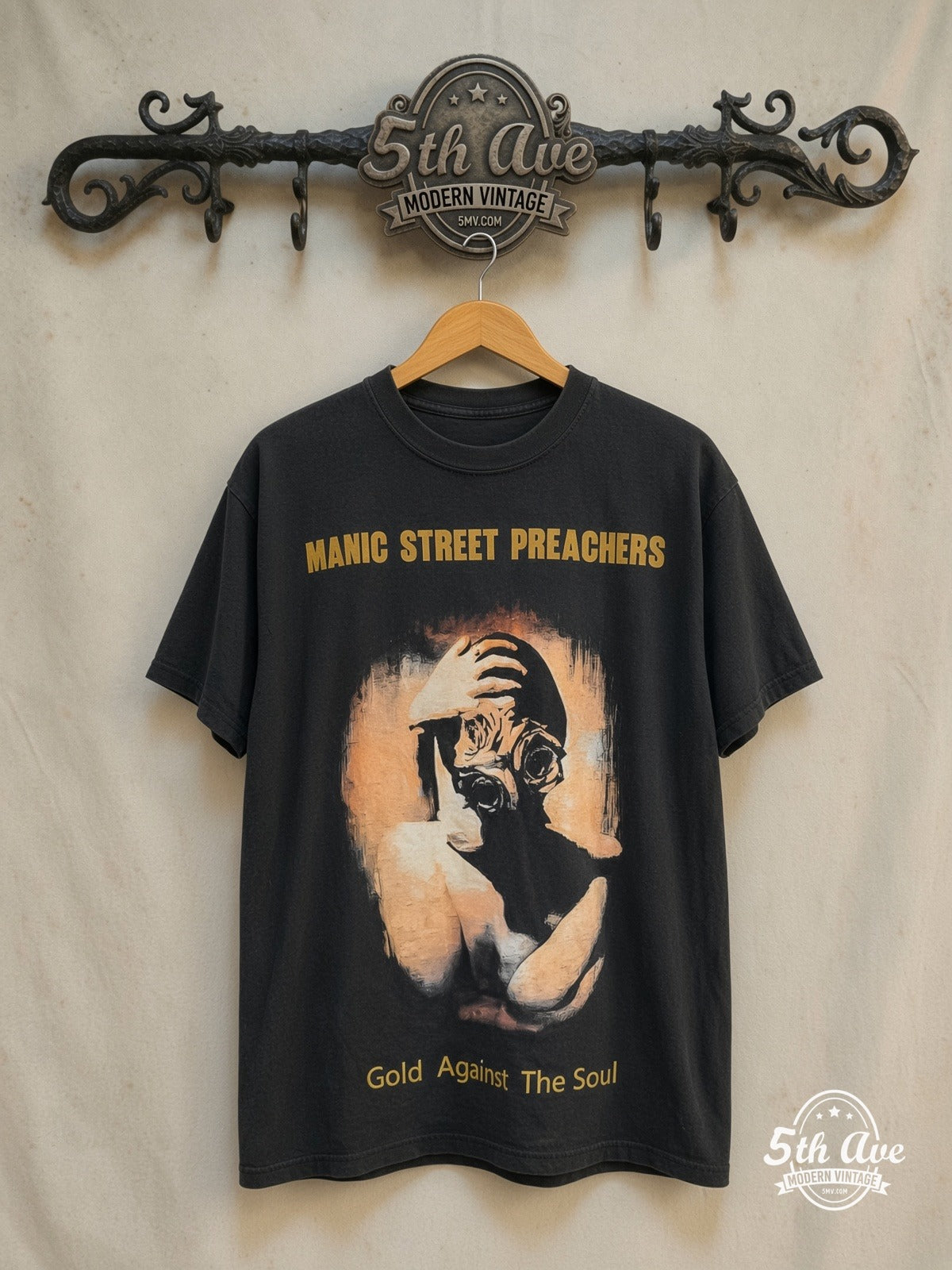 Manic Street Preachers – Gold Against the Soul – Vintage Band T-Shirt — front on locked cream ornate 5th Ave rack