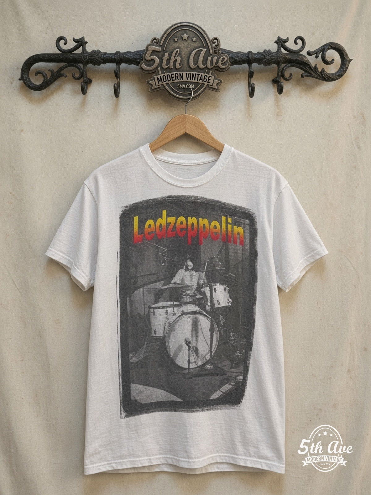 Led Zeppelin – Drummer Tribute – Vintage Band T-Shirt — front on locked cream ornate 5th Ave rack