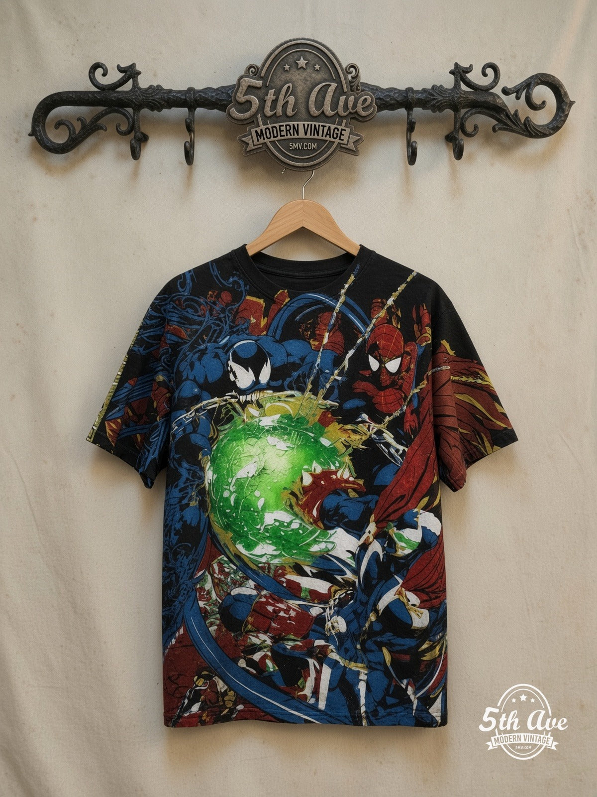 Spider-Man – Night of Chaos vs Venom AOP – New Vintage Graphic Tee — front on locked cream ornate 5th Ave rack