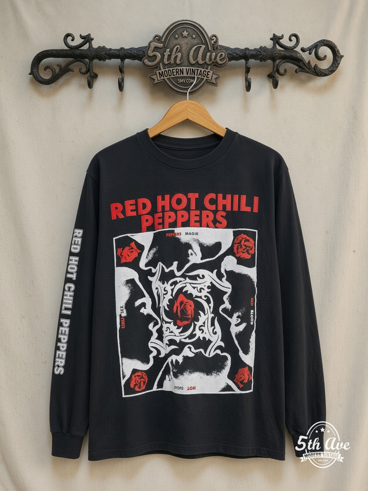 Red Hot Chili Peppers Blood Sugar Sex Magik Red Circle Asterisk vintage band t-shirt in black, front view on a display rack