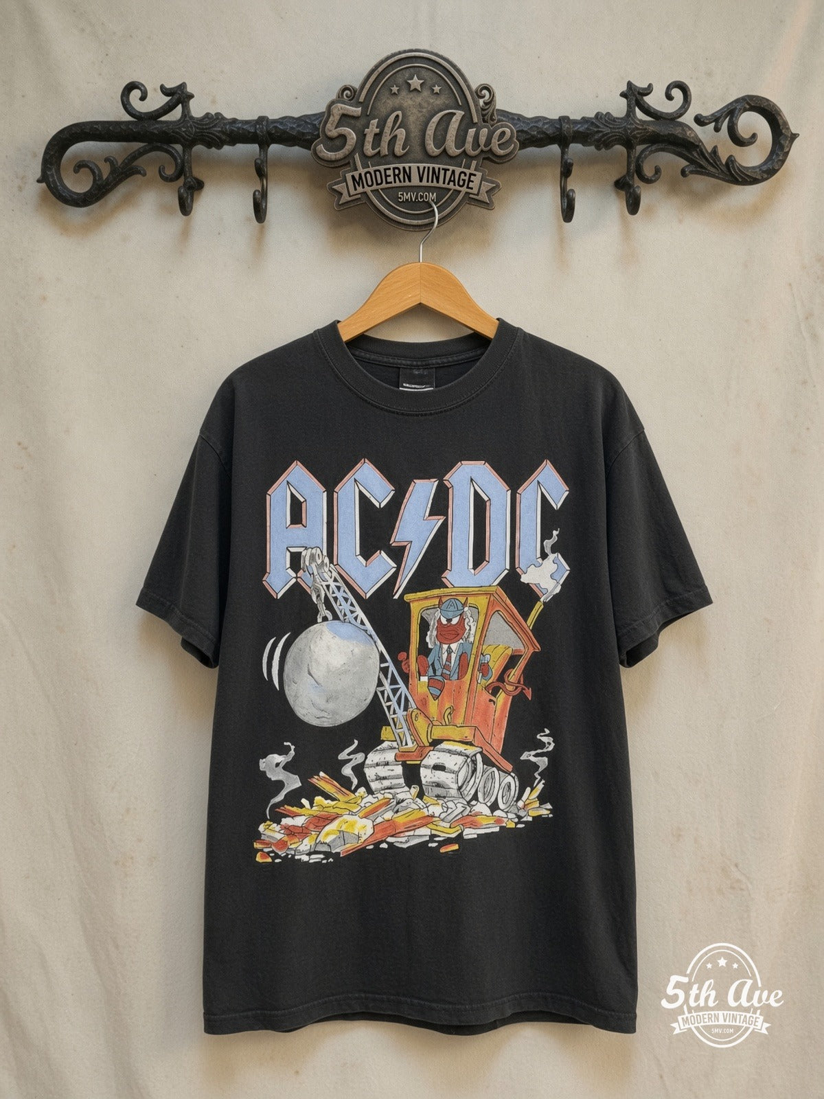 AC/DC – Ballbreaker – Vintage Band T-Shirt — front on locked cream ornate 5th Ave rack
