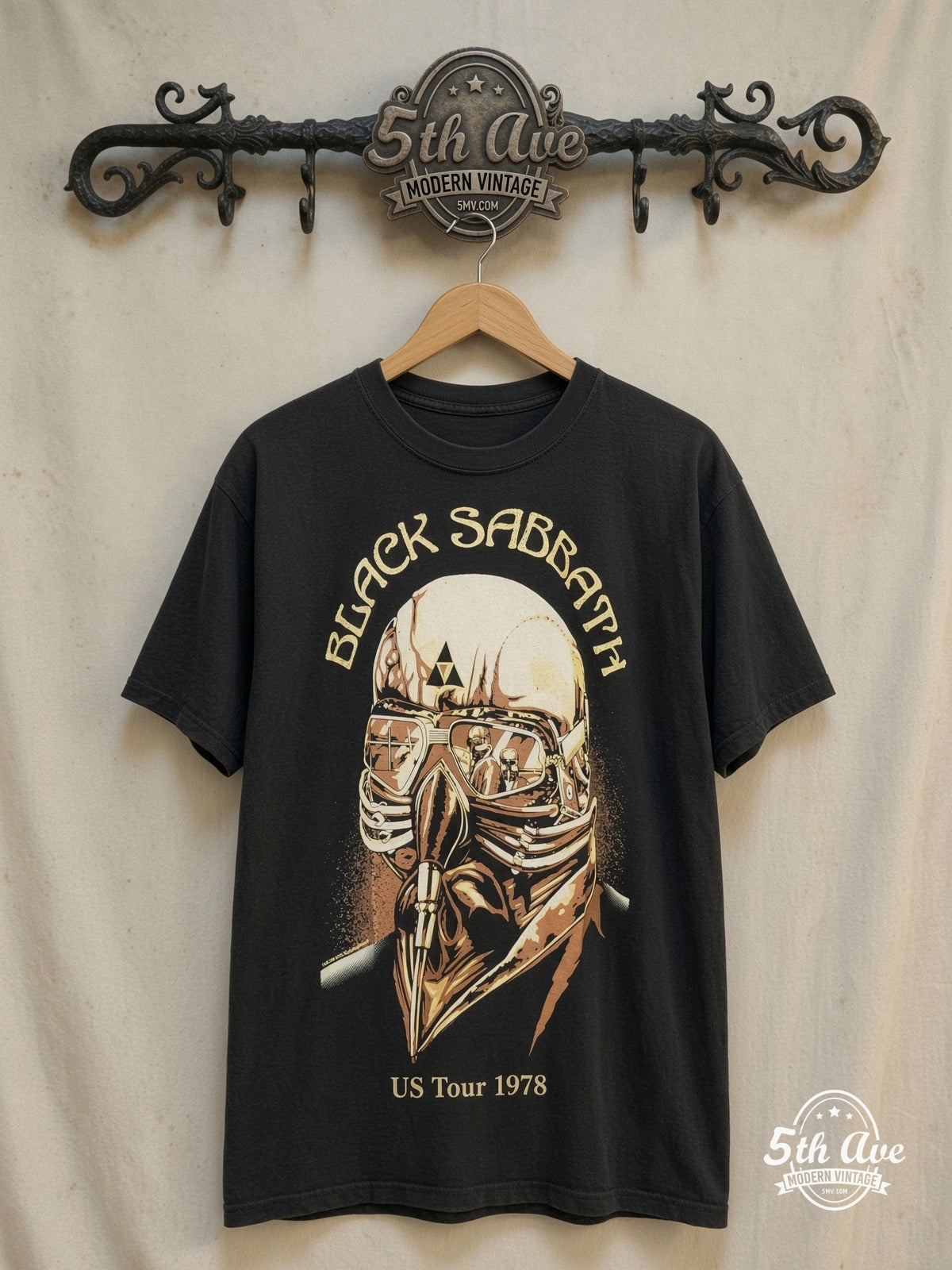 Black Sabbath – US Tour 1978 – Vintage Band T-Shirt — front on locked cream ornate 5th Ave rack