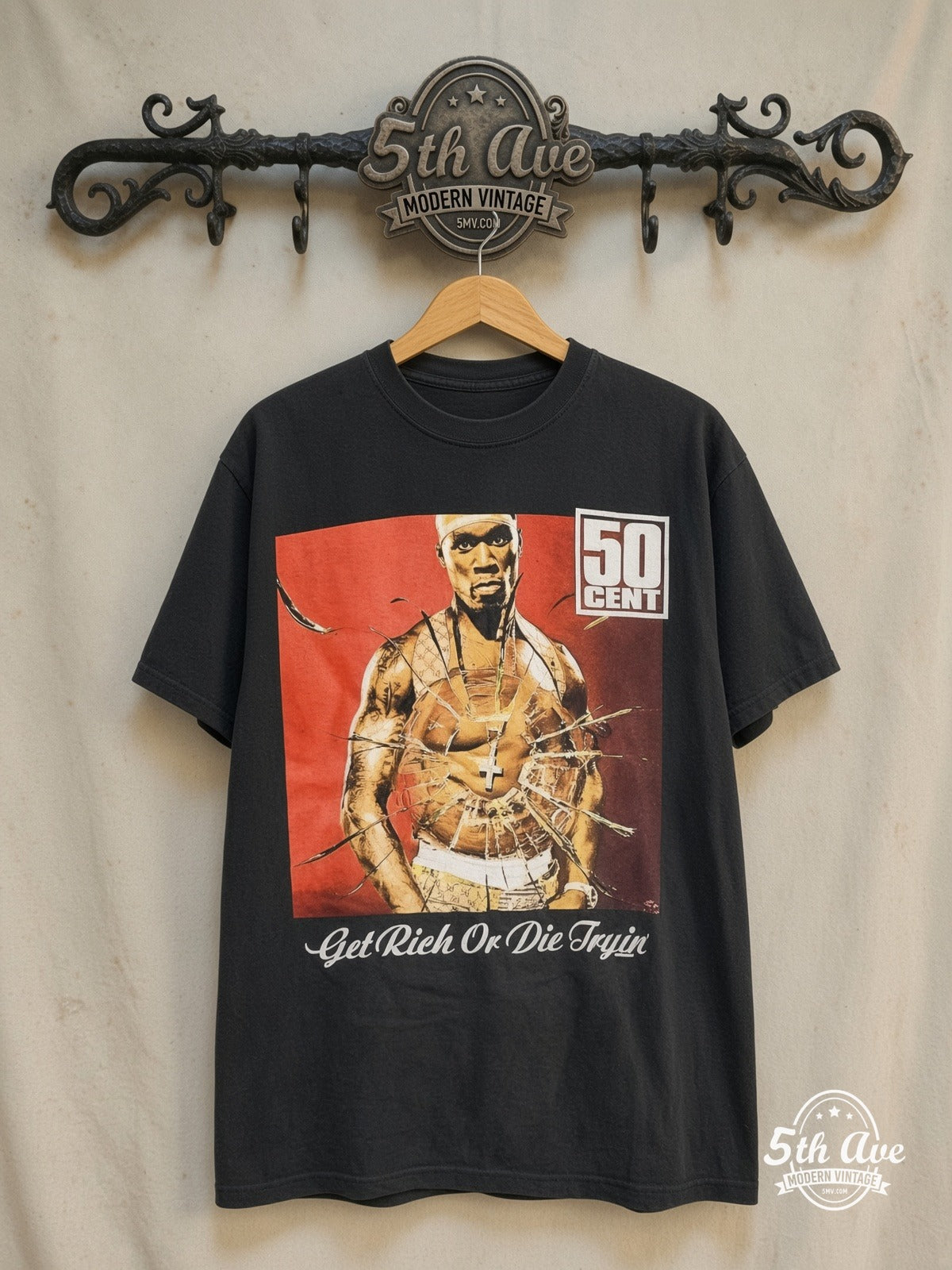 50 Cent – Get Rich or Die Tryin' The Final Lap Tour 2003 – Vintage Band T-Shirt — front on locked cream ornate 5th Ave rack