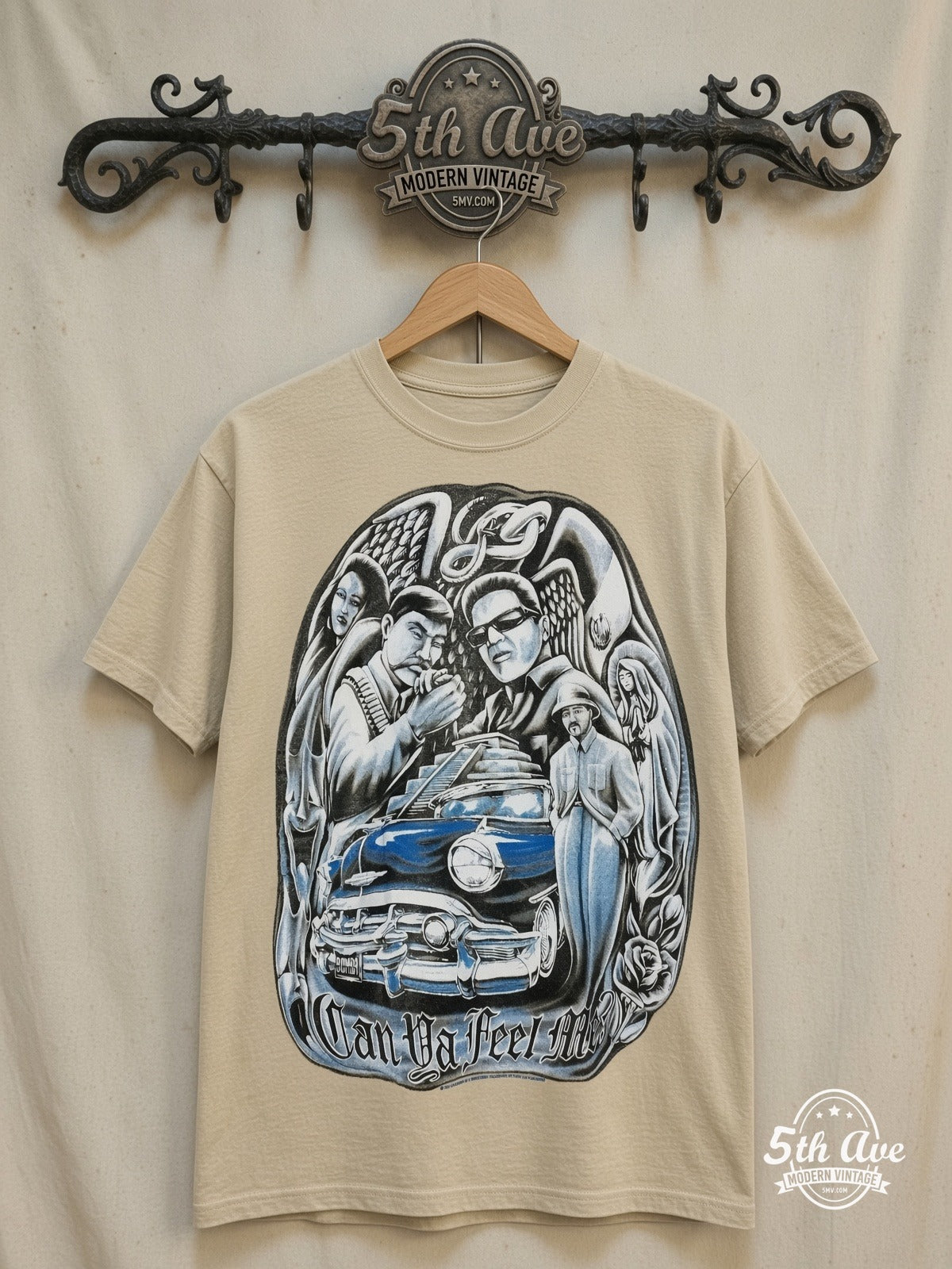 Can ya feel me? - Rollin hard lowrider low rider car culture t shirt – Vintage Band T-Shirt — front on locked cream ornate 5th Ave rack