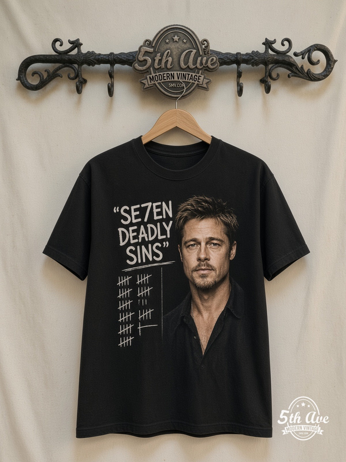 Se7en – Seven Deadly Sins – Vintage Band T-Shirt — front on locked cream ornate 5th Ave rack