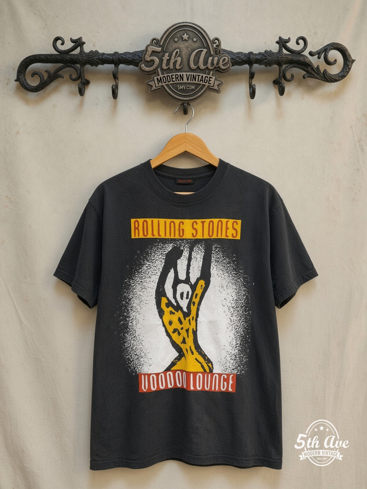The Rolling Stones – Voodoo Lounge European Tour 1995 – Vintage Band T-Shirt — front on locked cream ornate 5th Ave rack