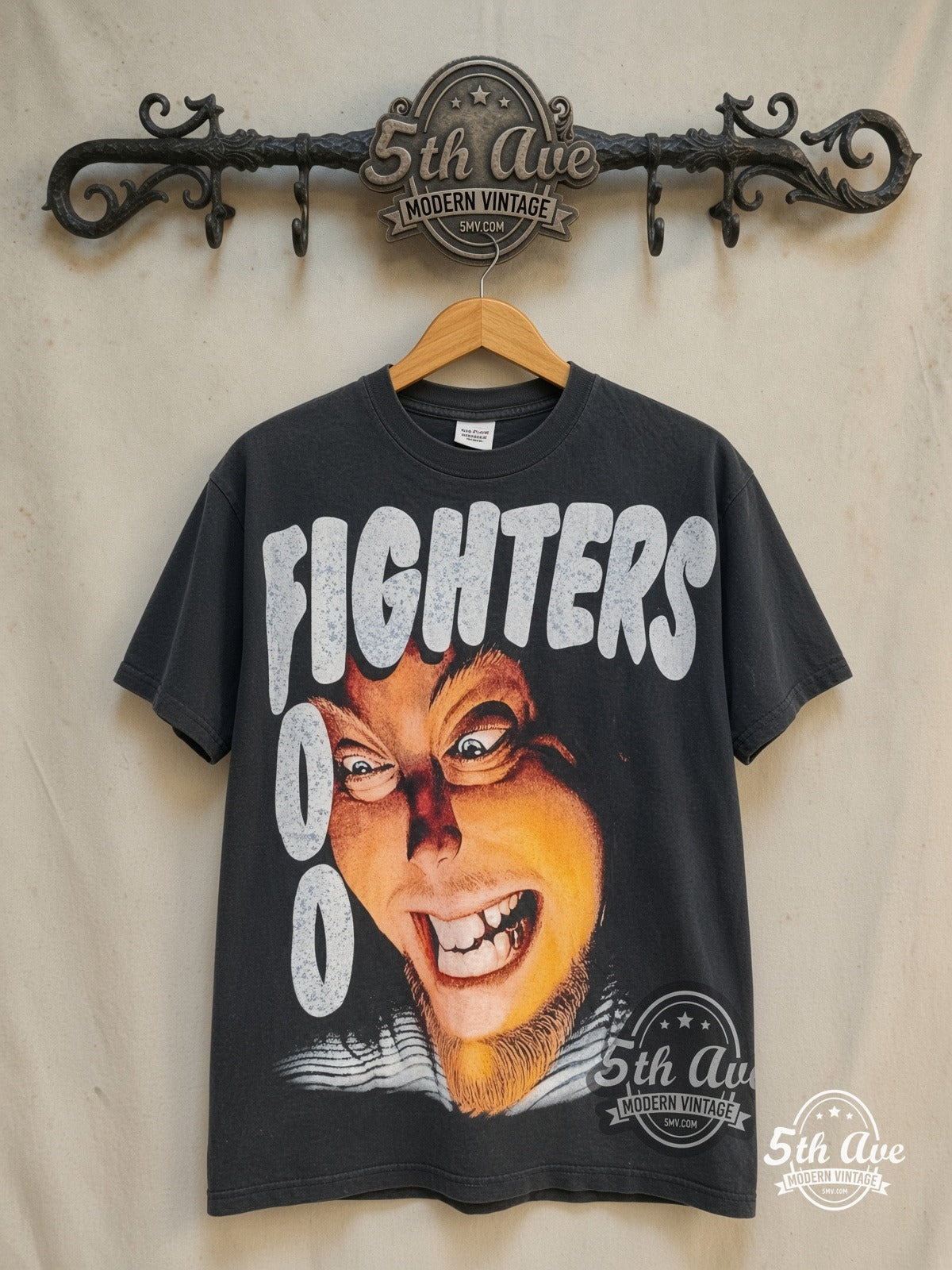 Foo Fighters – Exhausted – Vintage Band T-Shirt — front on locked cream ornate 5th Ave rack