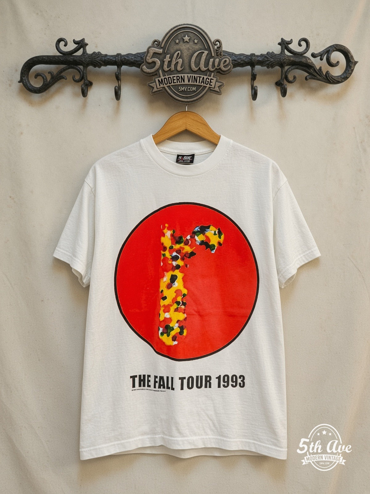 Radiohead – The Fall Tour 1993 – Vintage Band T-Shirt — front on locked cream ornate 5th Ave rack