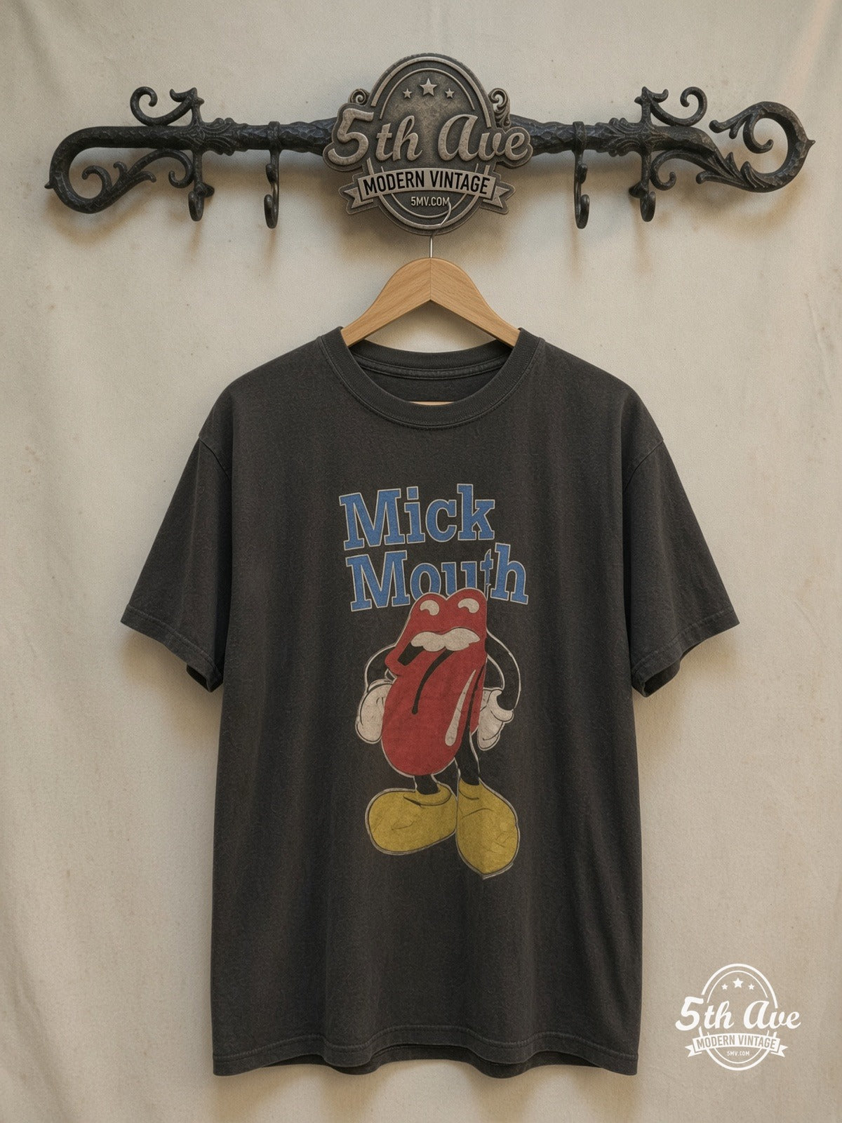 McMouth – Iconic Lips Logo – Vintage Band T-Shirt — front on locked cream ornate 5th Ave rack