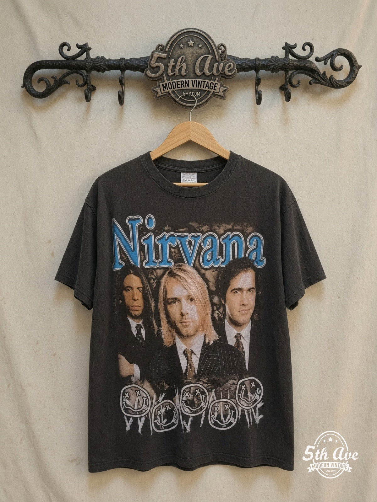 Nirvana Bootleg Single Stitch T-Shirt — front on locked cream ornate 5th Ave rack