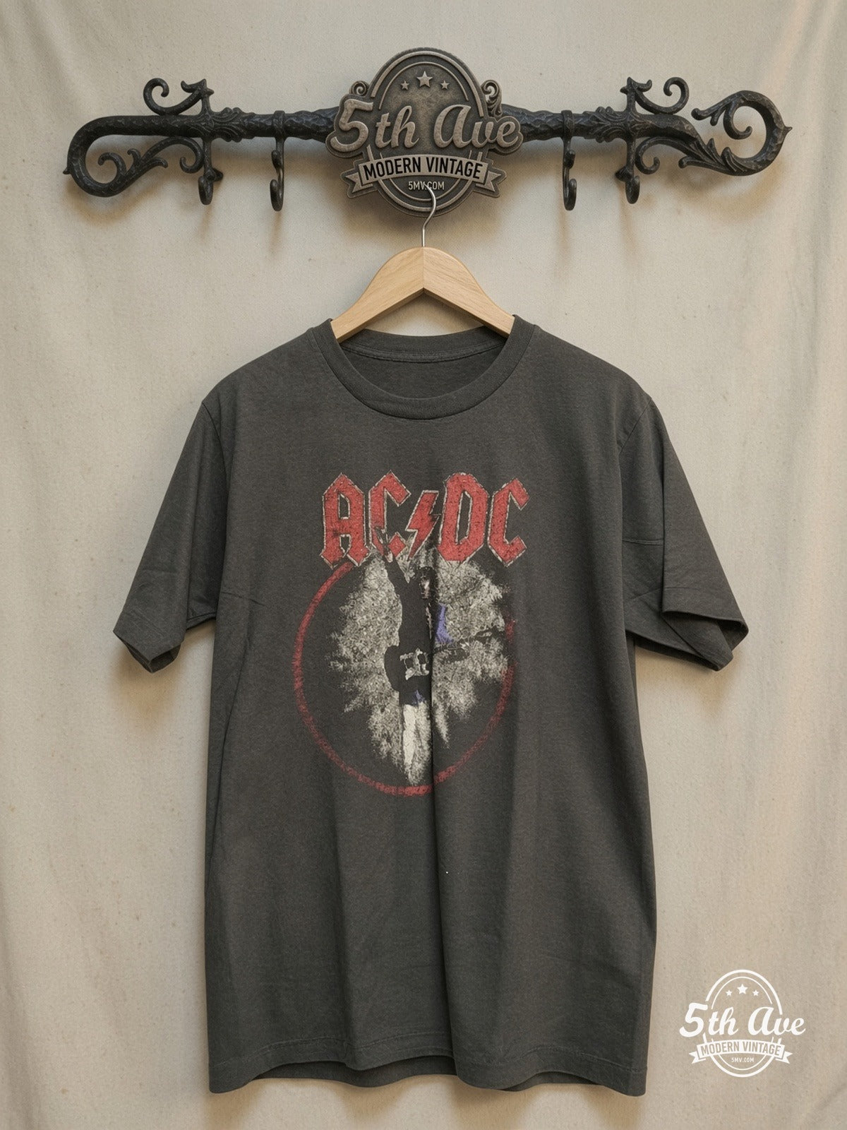 AC/DC – 1988 World Tour – Vintage Band T-Shirt — front on locked cream ornate 5th Ave rack
