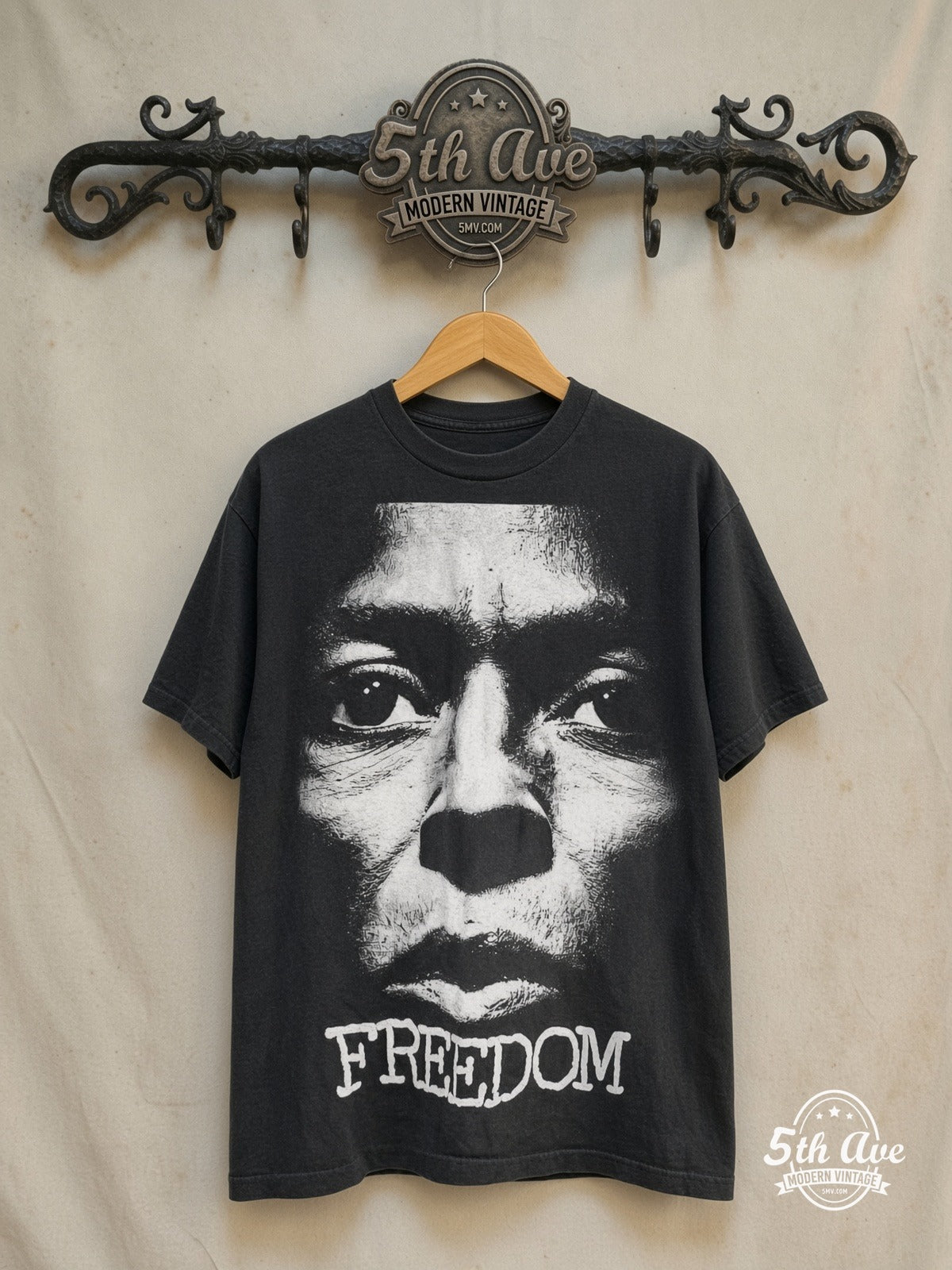 Anarchic Adjustment – Freedom – Vintage Band T-Shirt — front on locked cream ornate 5th Ave rack