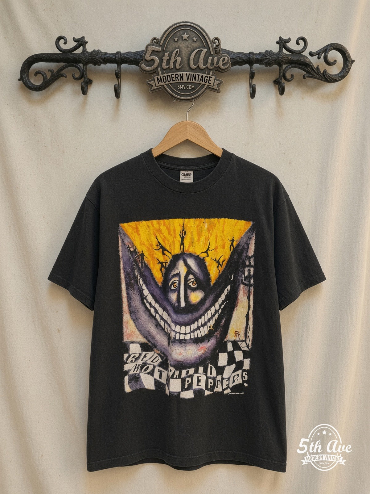 Red Hot Chili Peppers – Purple Face Tour Long Sleeve – Vintage Band T-Shirt — front on locked cream ornate 5th Ave rack
