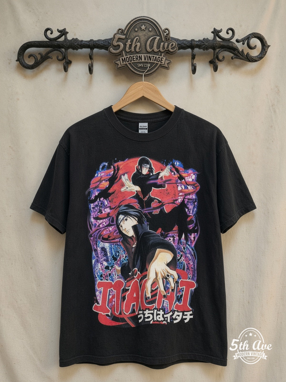 Naruto Shippuden – Itachi Uchiha – All Over Print – New Vintage Anime Tee — front on locked cream ornate 5th Ave rack