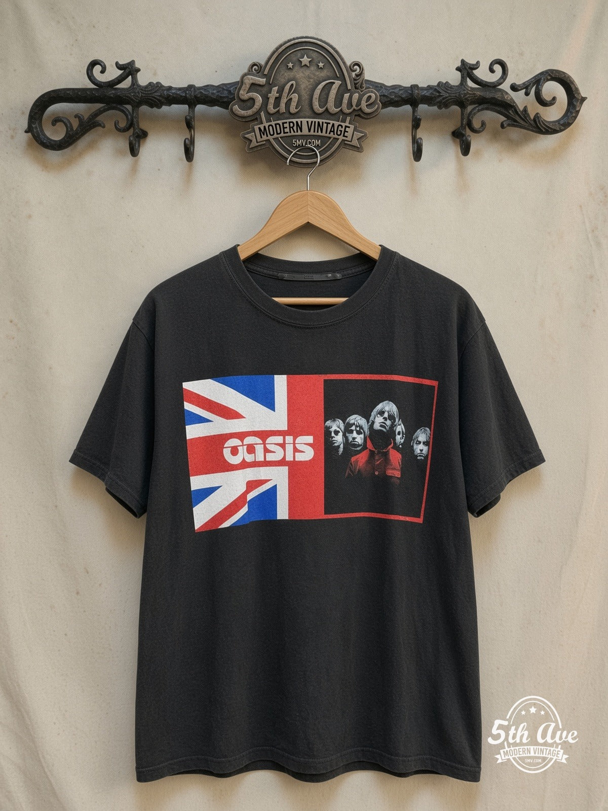 Oasis – Union Jack Band Photo Red Jacket – Vintage Band T-Shirt — front on locked cream ornate 5th Ave rack