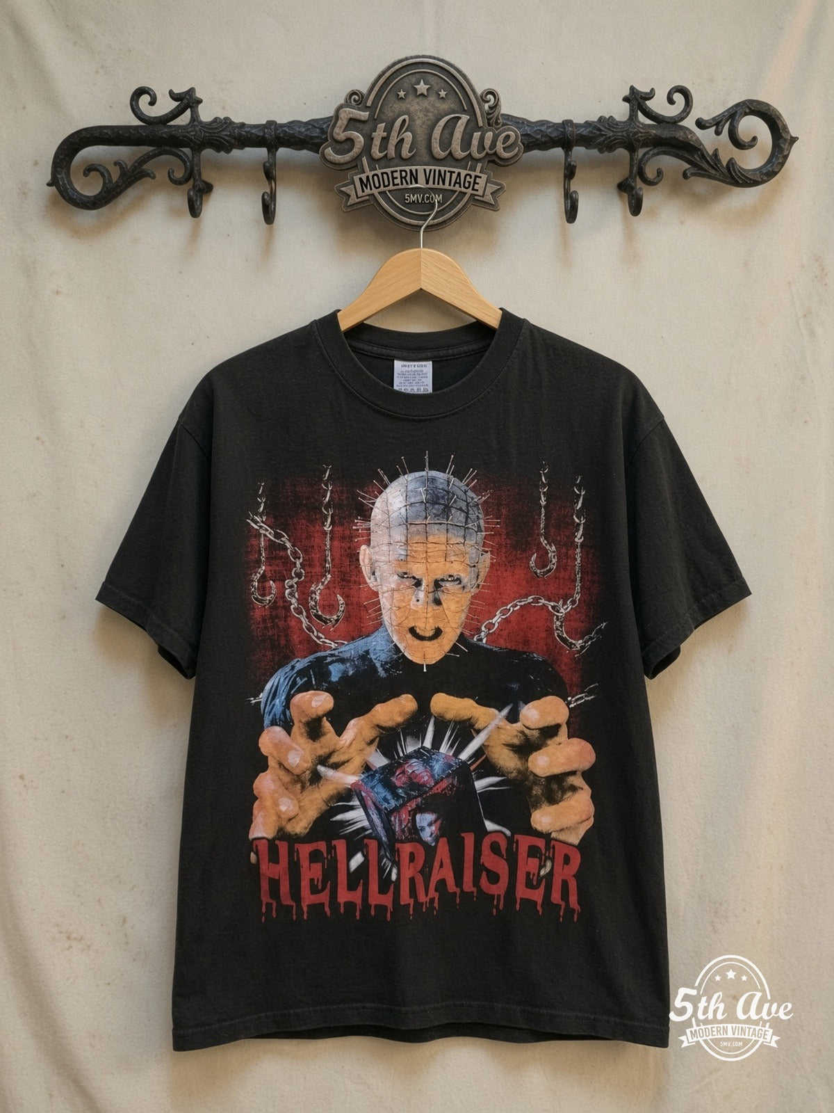 Hellraiser – Puzzle Box – Vintage Movie Tee — front on locked cream ornate 5th Ave rack