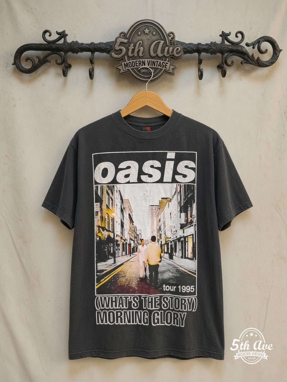 Oasis – (What's the Story) Morning Glory?' Tour 1995 – Vintage Band T-Shirt — front on locked cream ornate 5th Ave rack