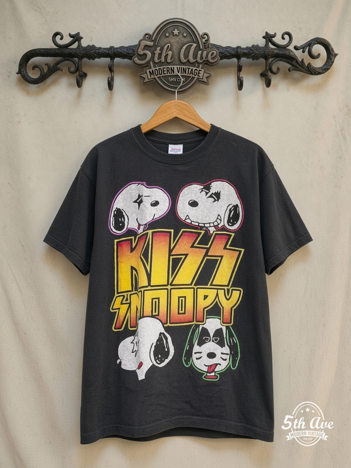 Peanuts – KISS x Peanuts Rock Army – New Vintage Graphic Tee — front on locked cream ornate 5th Ave rack