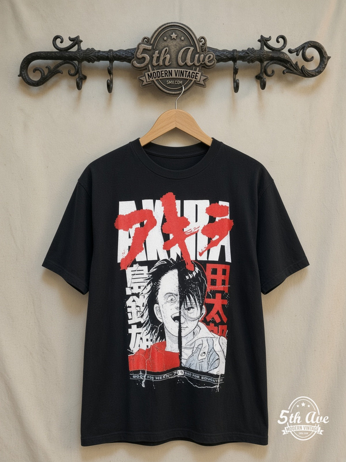 Akira Shotaro Kaneda and Tetsuo Shima – New Vintage Anime Tee — front on locked cream ornate 5th Ave rack