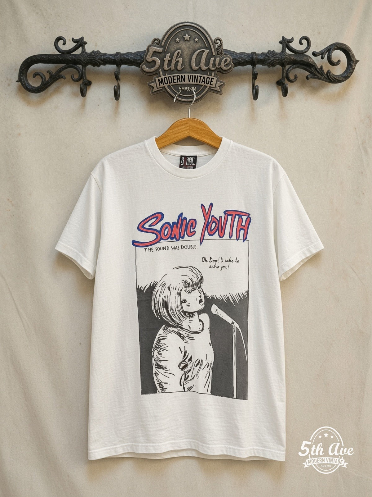 Sonic Youth – Goo / I Left Behind – Vintage Band T-Shirt — front on locked cream ornate 5th Ave rack