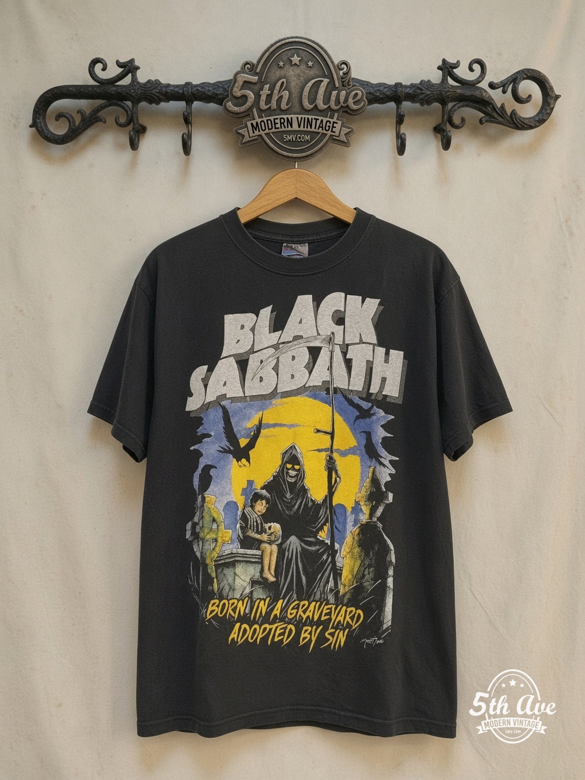 Black Sabbath – Never Say Die Live on Tour 1978 – Vintage Band T-Shirt — front on locked cream ornate 5th Ave rack