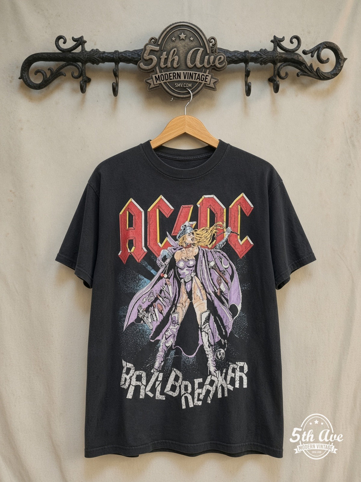 AC/DC – Ballbreaker' World Tour 1996 – Vintage Band T-Shirt — front on locked cream ornate 5th Ave rack