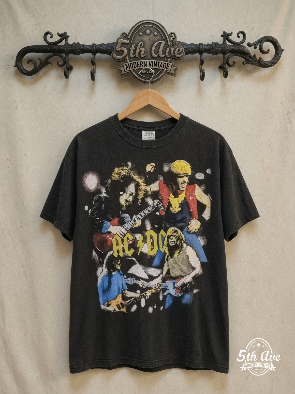 AC/DC – Rock Legends – Vintage Band T-Shirt — front on locked cream ornate 5th Ave rack