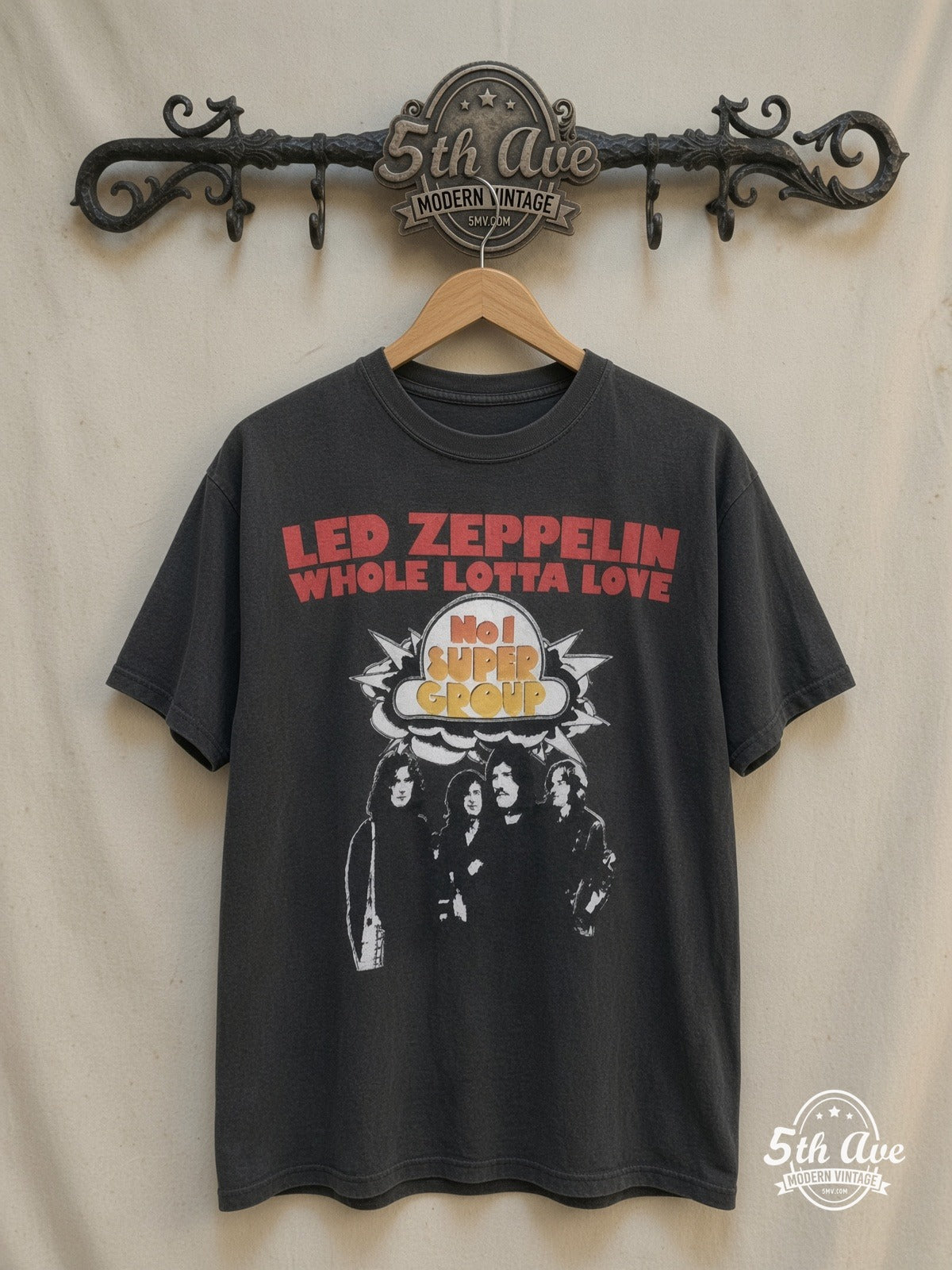 Led Zeppelin – Whole Lotta Love – Vintage Band T-Shirt — front on locked cream ornate 5th Ave rack