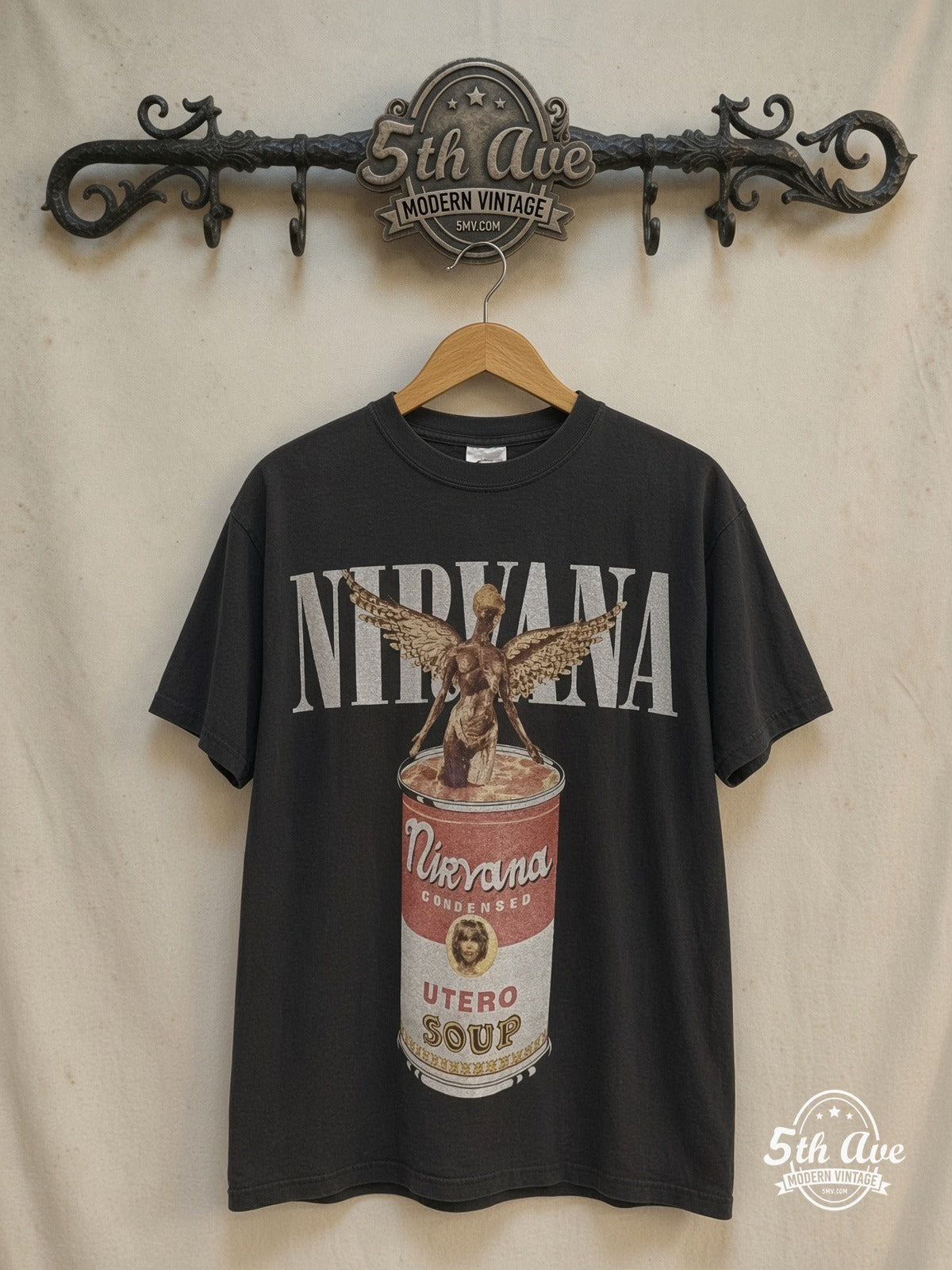 Nirvana – In Utero Utero Soup Can European Tour 1994 – Vintage Band T-Shirt — front on locked cream ornate 5th Ave rack