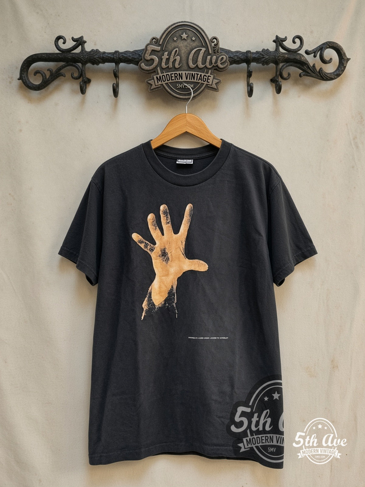System of a Down – Debut Studio Album 1998 – Vintage Band T-Shirt — front on locked cream ornate 5th Ave rack