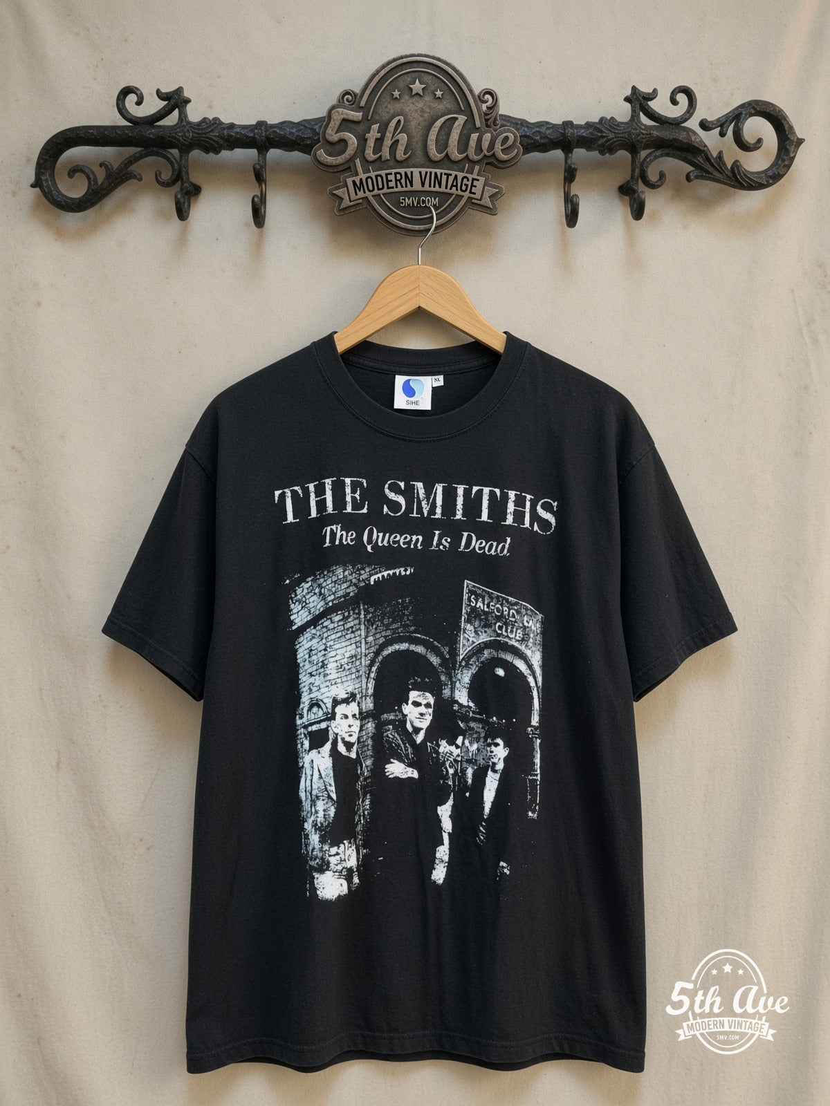 The Smiths The Queen Is Dead – Vintage Band T-Shirt — front on locked cream ornate 5th Ave rack