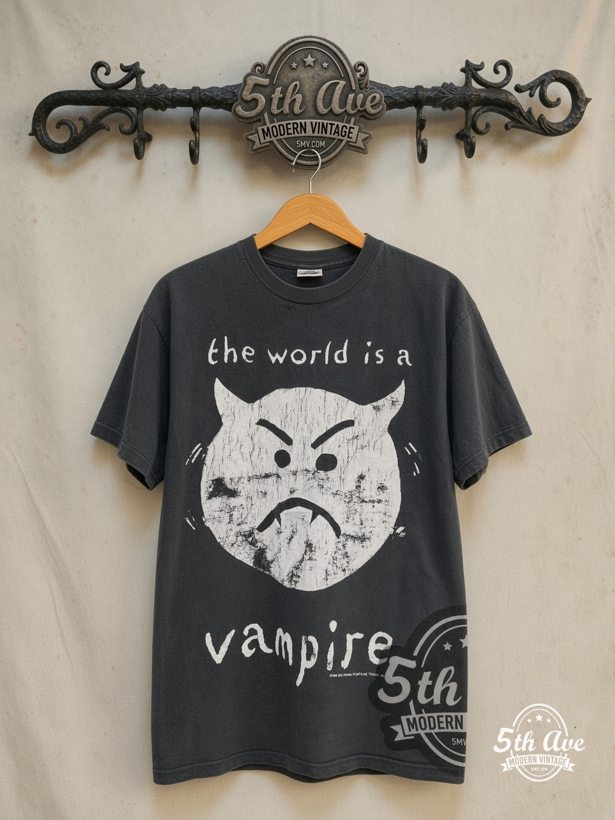 The Smashing Pumpkins – Bullet with Butterfly Wings Tour – Vintage Band T-Shirt — front on locked cream ornate 5th Ave rack