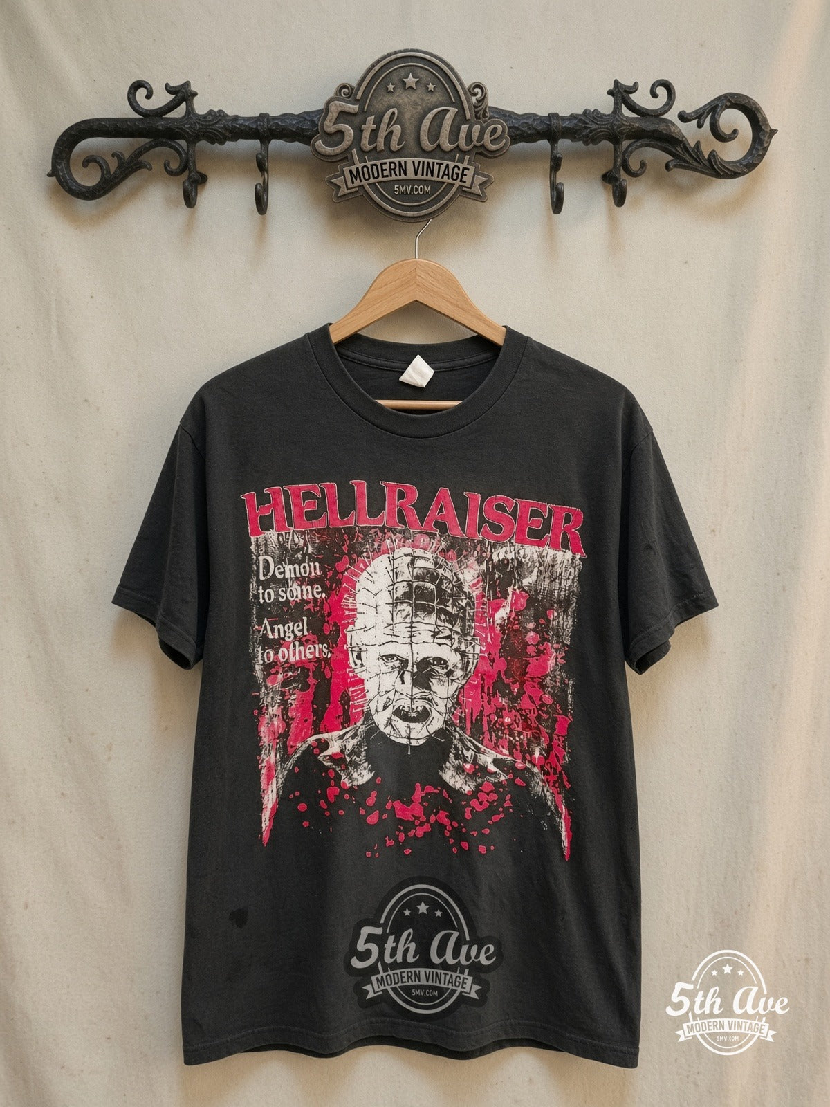 Hellraiser – Pinhead the Hell Priest – Vintage Movie Tee — front on locked cream ornate 5th Ave rack