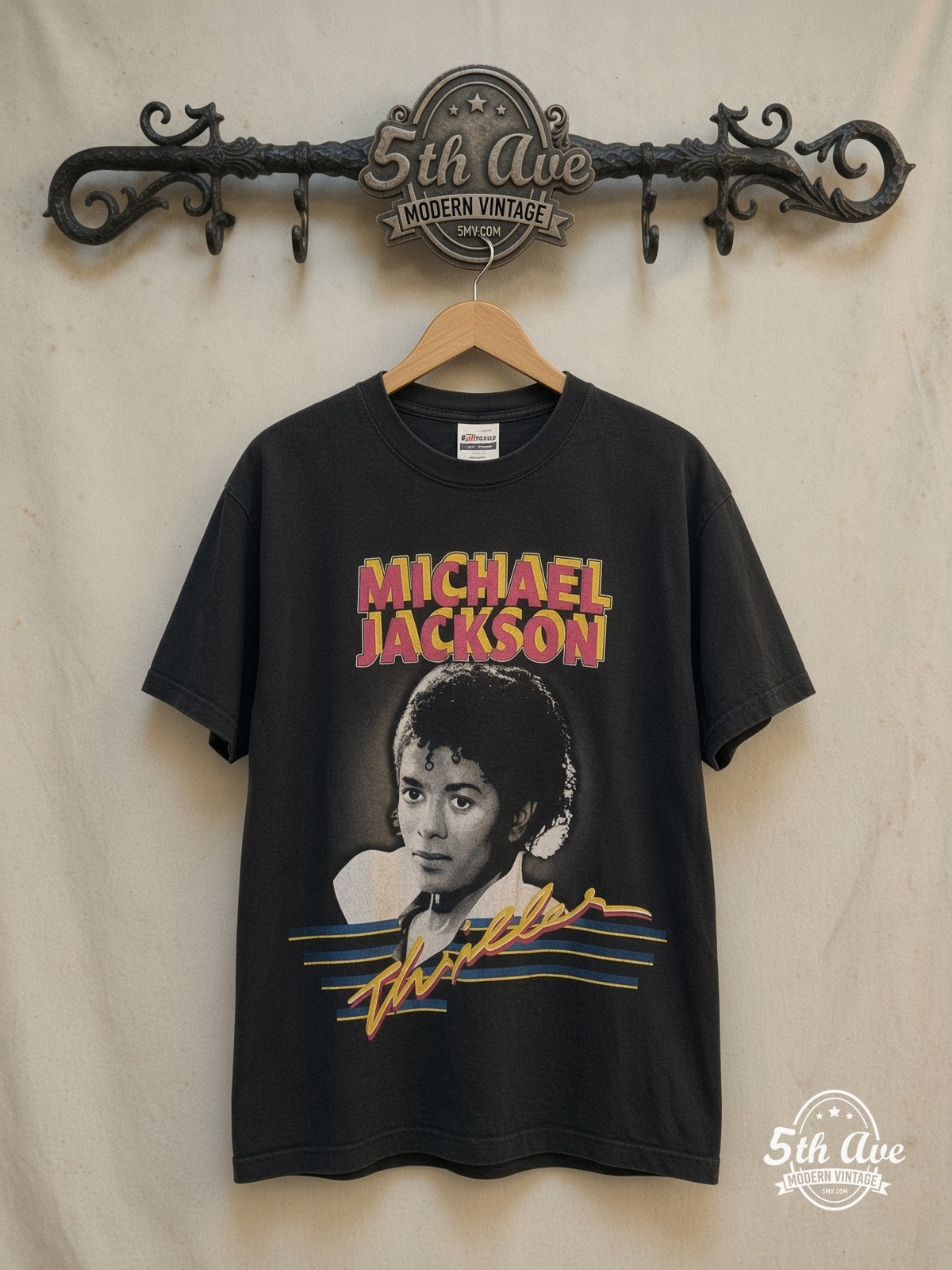 Michael Jackson – Thriller Portrait Song List – Vintage Band T-Shirt — front on locked cream ornate 5th Ave rack