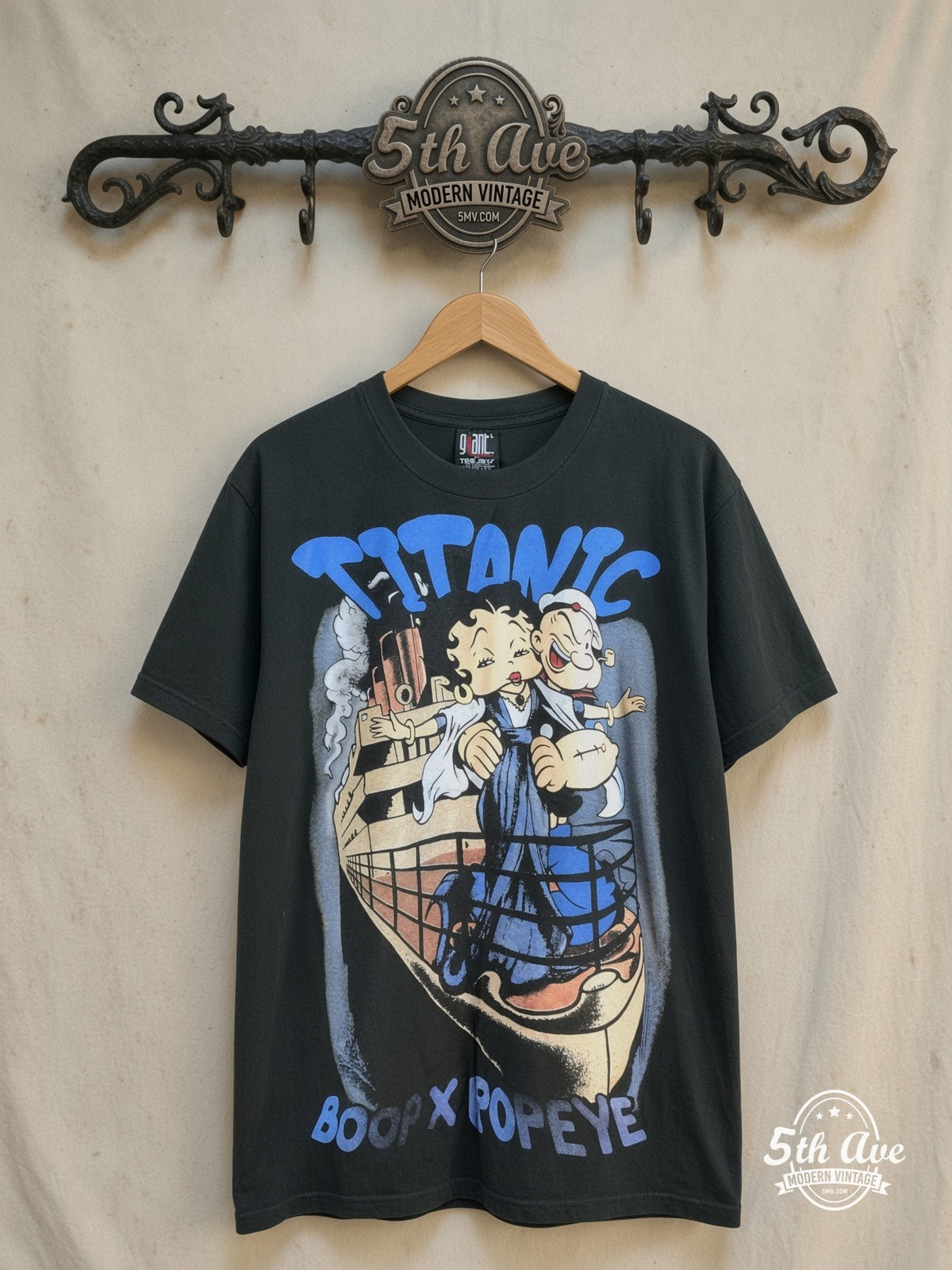 Betty Boop – Betty Boop, Popeye and Titanic – New Vintage Graphic Tee — front on locked cream ornate 5th Ave rack