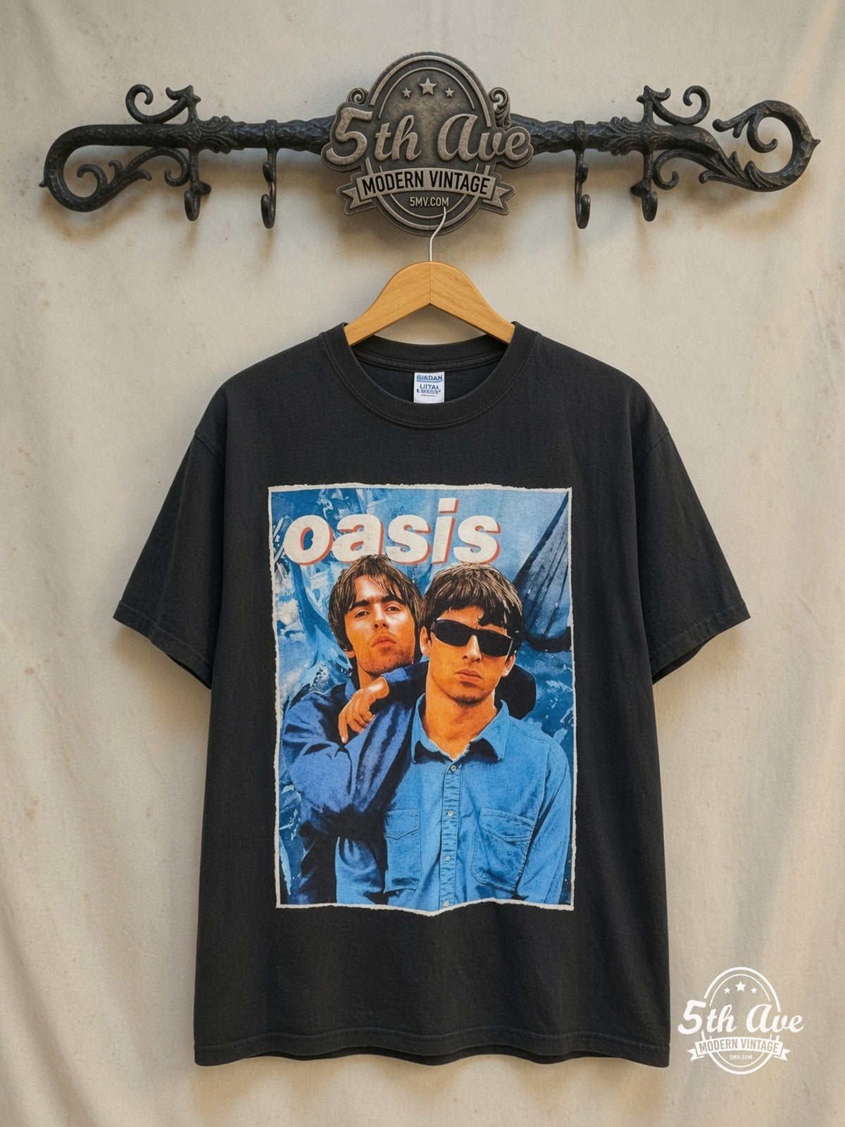 Oasis – Liam and Noel Gallagher – Vintage Band T-Shirt — front on locked cream ornate 5th Ave rack
